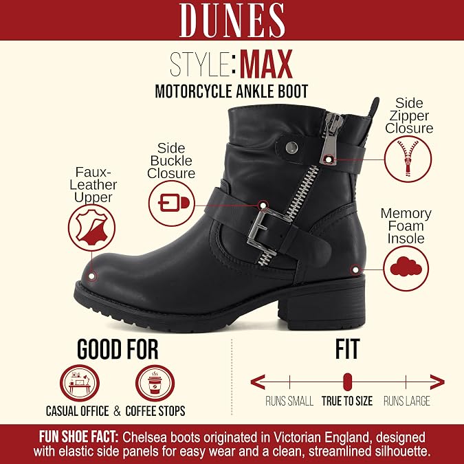 Dunes Max Motorcycle Womens Ankle Boots Comfortable Booties for Women with Zipper & Buckle, Combat Boots Style, Memory Foam, Wide Width Options