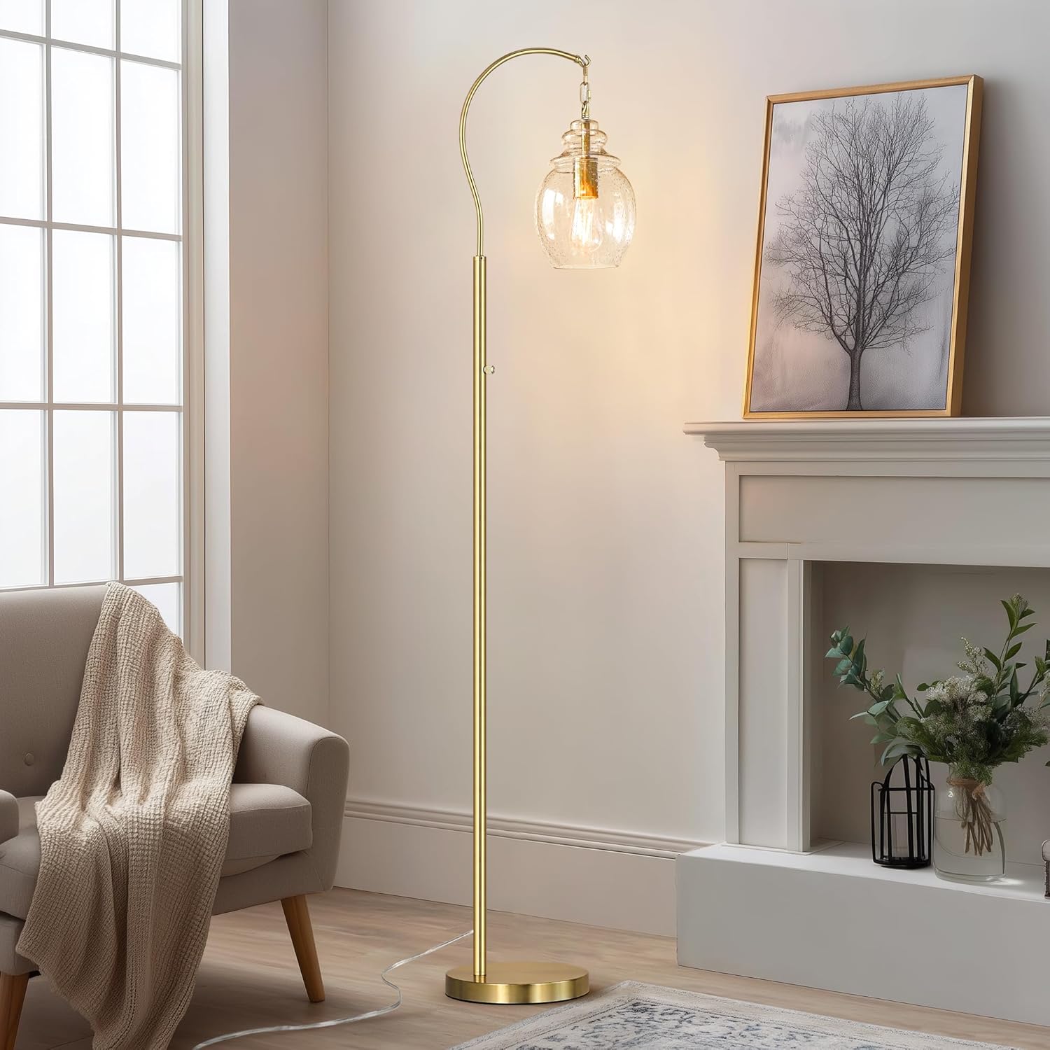 QiMH Gold Floor Lamps for Living Room, Modern Standing Lamp for Bedroom, 70" Tall Lamp for Corner, Arc Floor Lamp with Seeded Glass Lamp Shade, Dimmable Floor Lamp for Reading Office Nursery