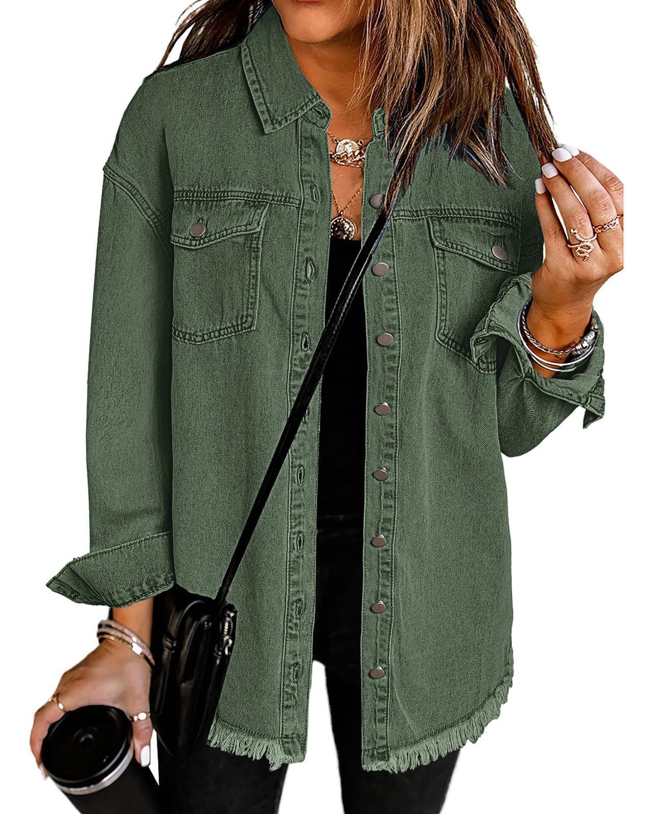 Generisch Women's Oversized Button Up Frayed Hem Shacket Casual Long Sleeve Button Down Boyfriend Jean Jacket With Pocket