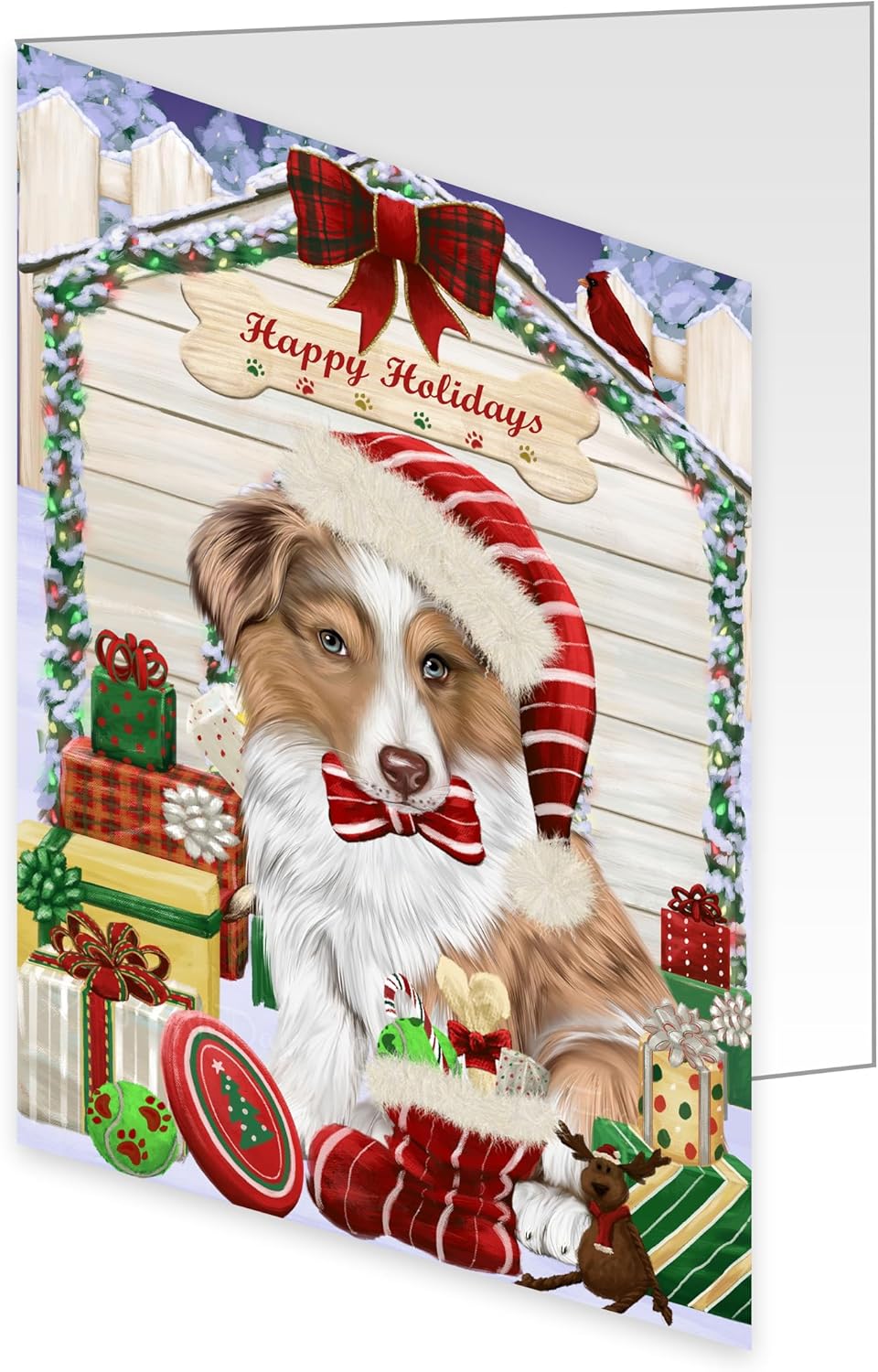 Christmas House with Presentes Australian Shepherd Dog Greeting Cards - Adorable Pets Invitation Cards with Envelopes - Pet Artwork Christmas Greeting Cards GCD60326 (10 Greeting Cards)