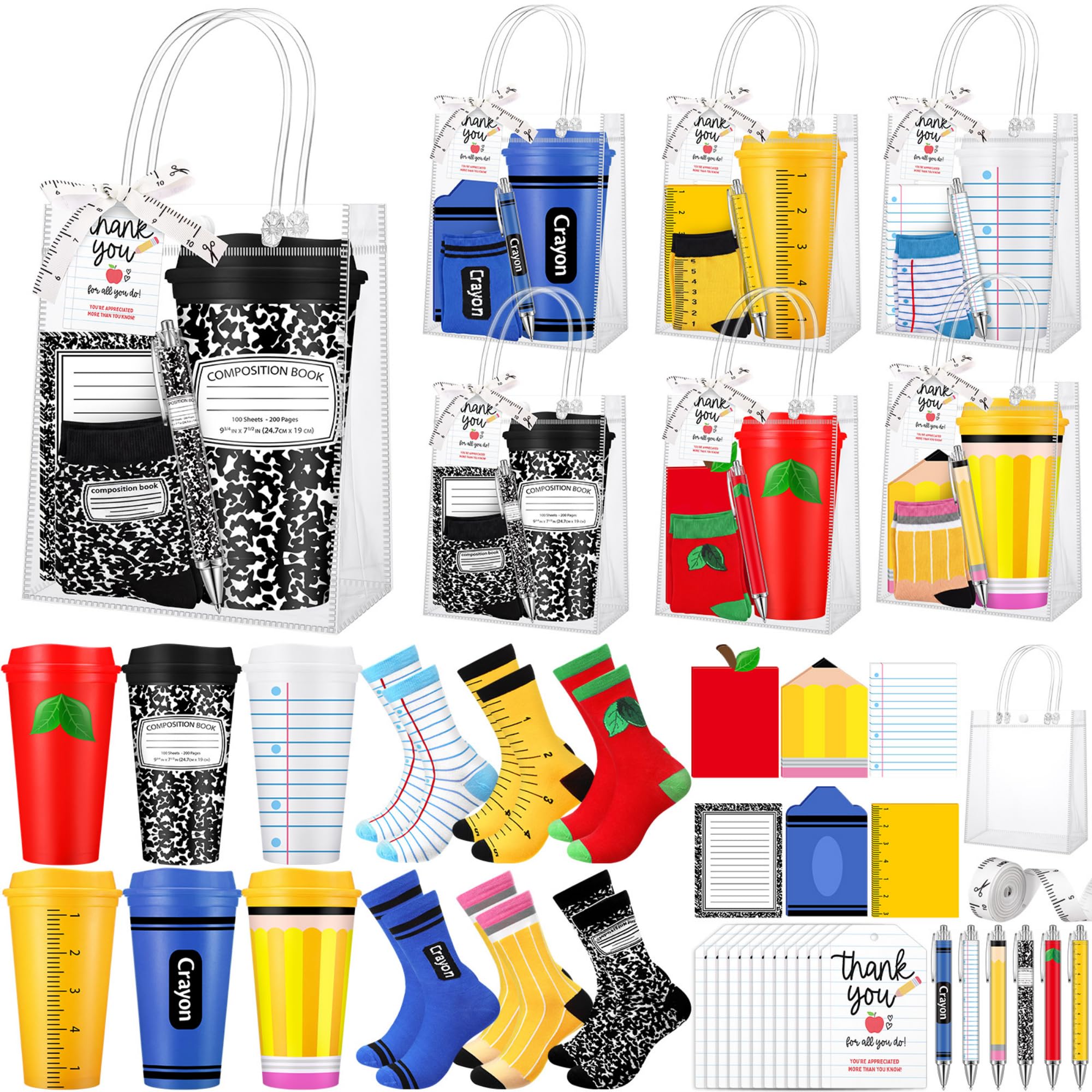 Marspark Geschenk-Set für Lehrer zum Schulanfang, 473 ml, 6 Stück, Kaffeetassen mit transparenten Geschenktüten, Socken, Notizblöcken, Stiften, Geschenkanhänger für den ersten Schultag, Klassenzimmer