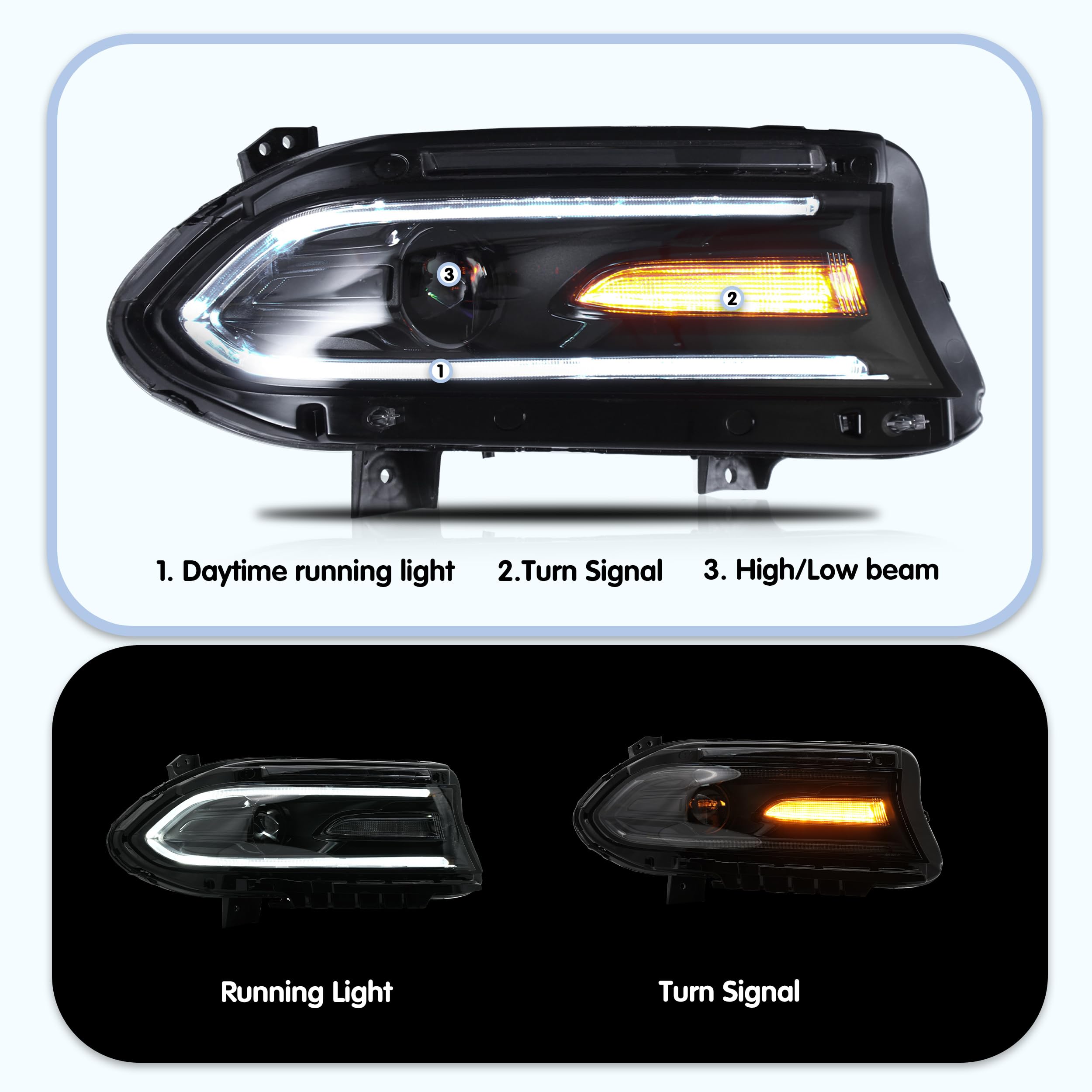 VLAND Reflektory LED dla Dodge Charger 2015 2016 2017 2018 2019 DRL z podwójną soczewką Zestaw czołowej lampy czołowej (RGB)