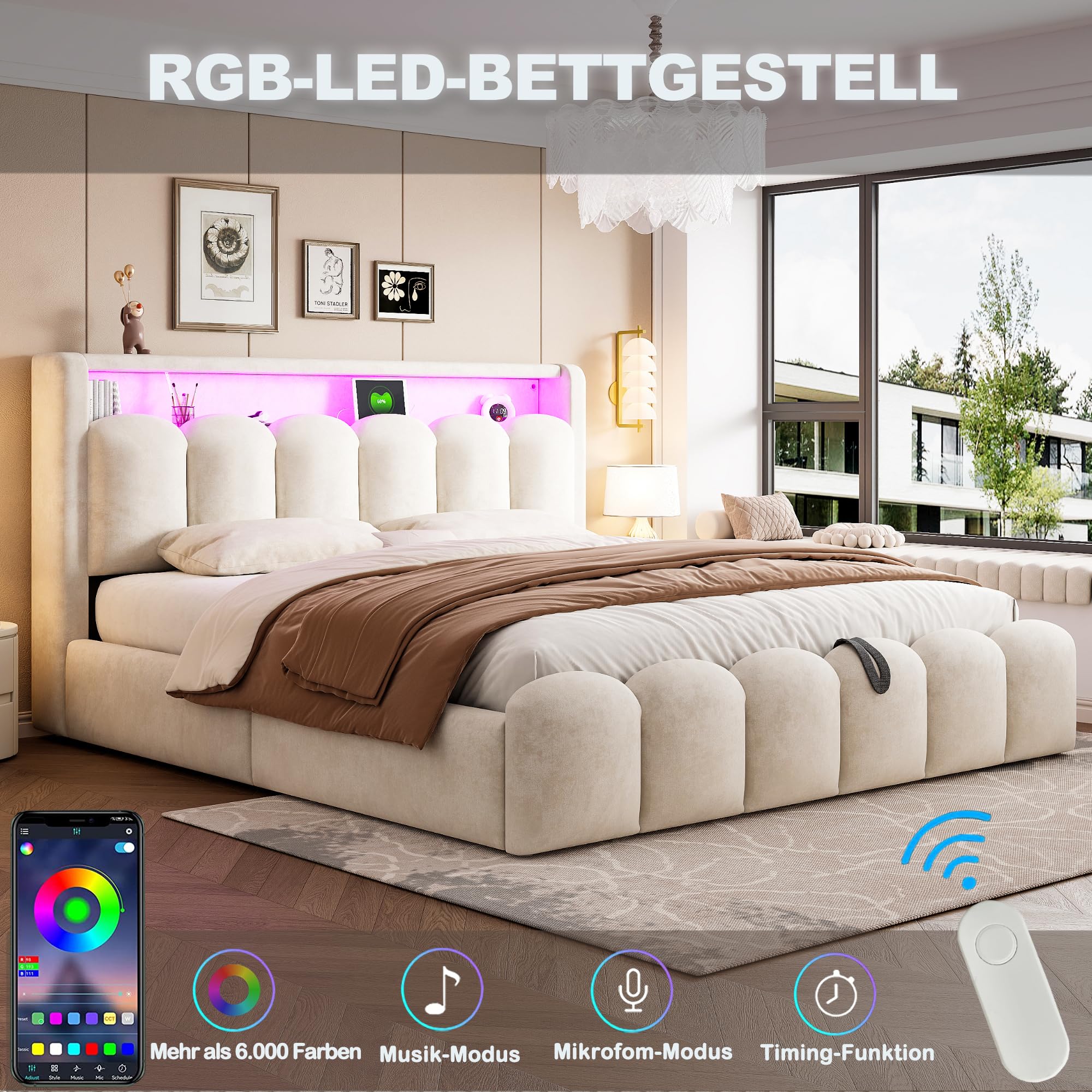 Sapgaks Lit 180x200 avec Sommier LED et USB C, Lit Coffre 180x200 avec Rangement et Tete Réglable, Capitonné Double avec à Lattes, Rembourré 2 Personnes Cadre de Velours(sans Matelas)