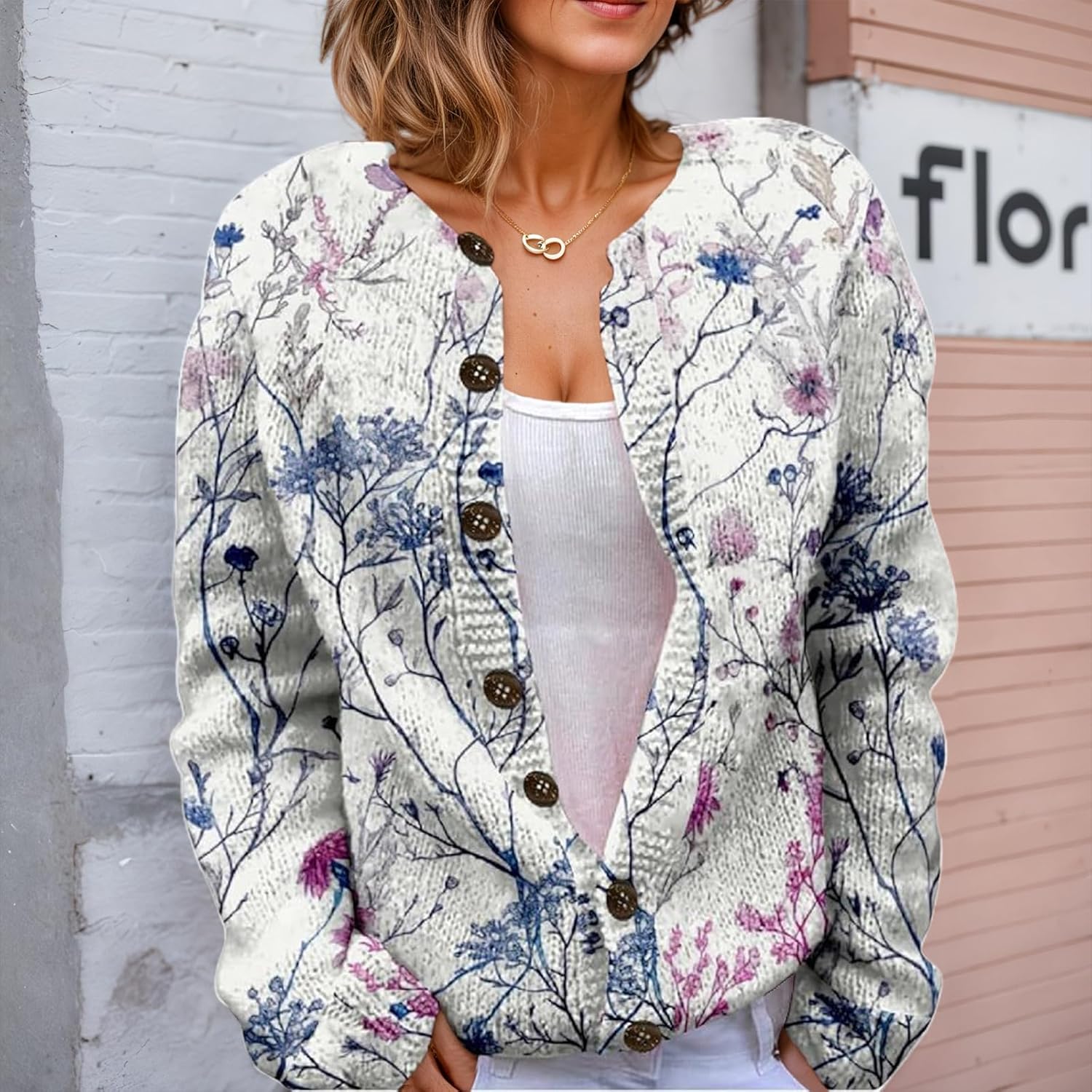 Women's Cute Boho Floral Printed Open Front Button Down Sweater Cardigan Oversized Trendy Casual Coat Jacket