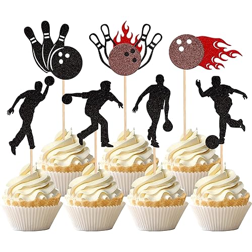 28 piezas de decoración de cupcakes con purpurina para jugadores de bolos para jugadores de bolos, bolos deportivos, decoración de pasteles para