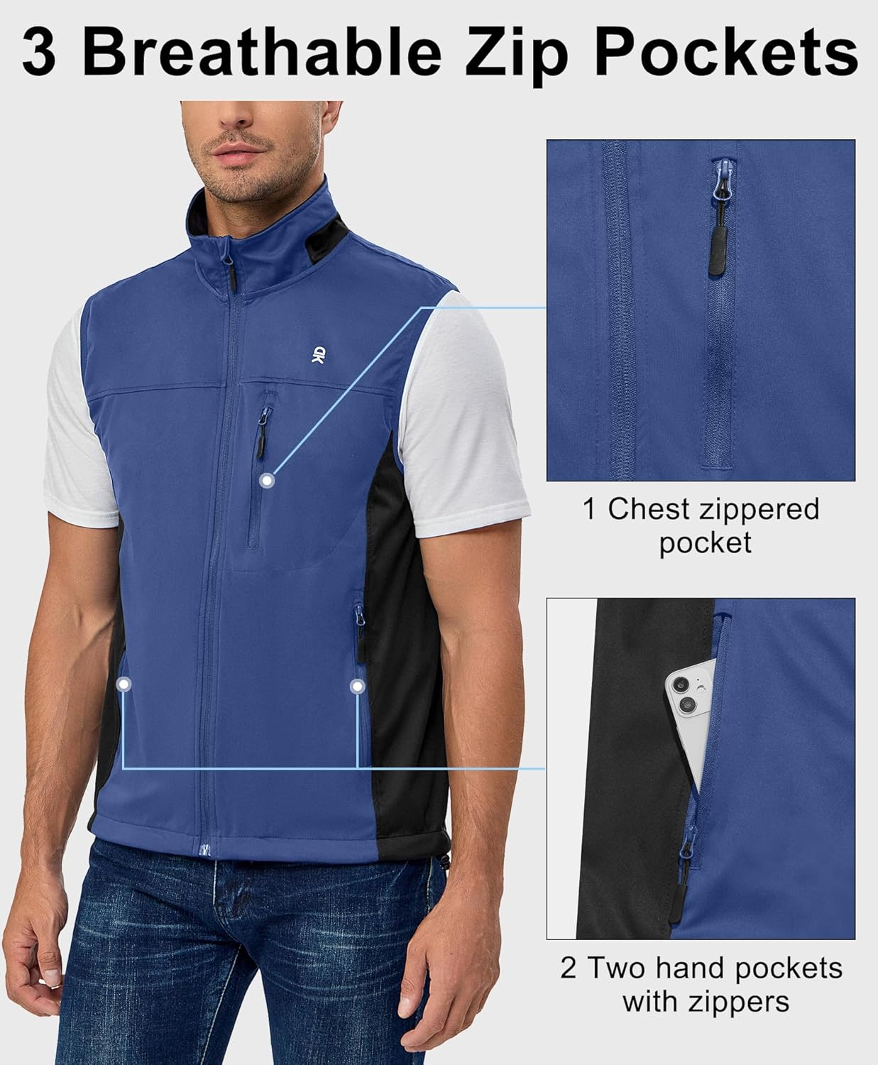 Little Donkey Andy Men's Lightweight Softshell Vest, Windproof Sleeveless Jacket for Running, Hiking, Cycling, Golf