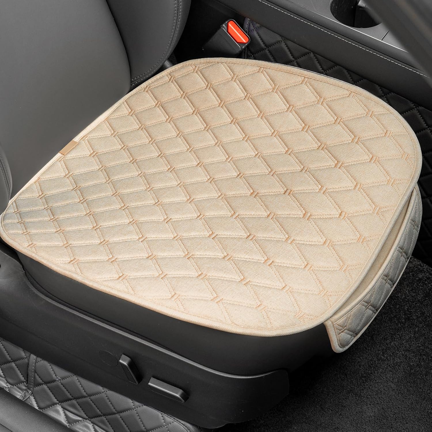 2 Pack Linen Car Seat Covers Front Seats, Car Front Seat Cover for Cars SUV Truck, Anti-Slip Breathable Bottom Seat Covers Cushion Pad with Storage Pockets for Most Vehicles (Beige 2pcs)