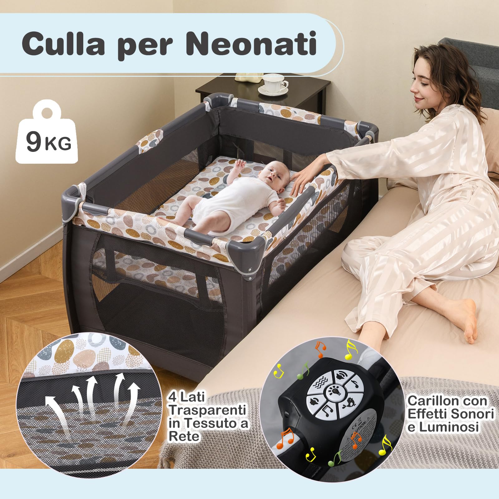 COSTWAY 5 in 1 Culla Campeggio Bambini, Lettino Viaggio Neonati Pieghevole con Materasso, Fasciatoio, Box Portatile con Ruote, 2 Giocattoli e Carillon, per Bambini 0-3 Anni (Blu)
