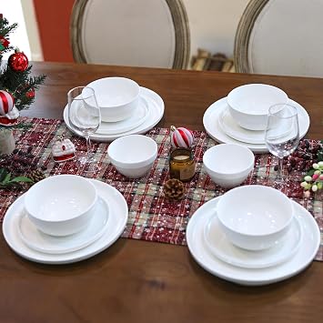 HAPPY KIT Porcelain Dinnerware Set 12pcs Serves 4, Chip Resistant White
