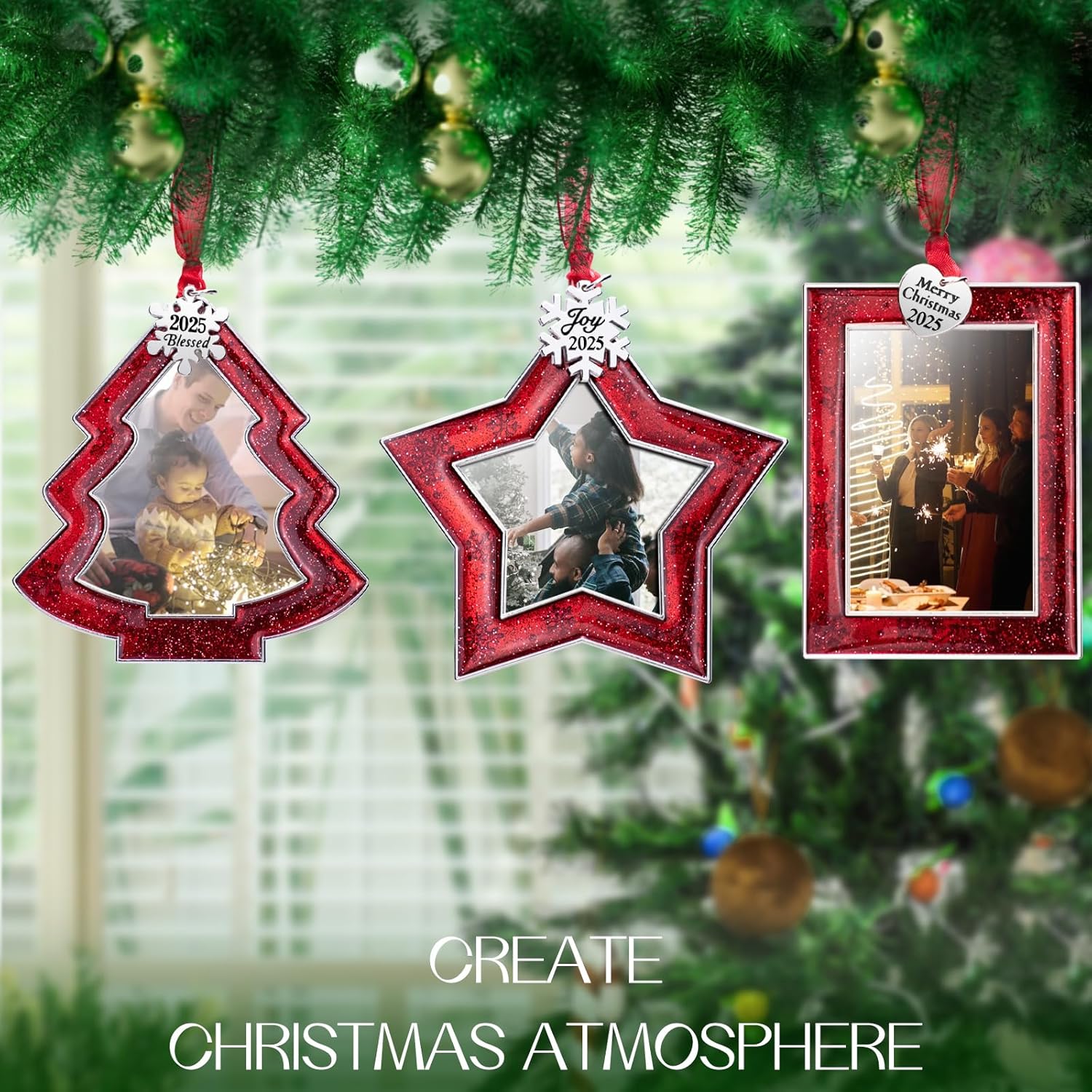 Laraine Christmas Tree Ornaments 3 Pieces – Decorative Hanging 2025 Star Pendant with Small Picture Frame Insert for Baby and Pet Holiday Keepsake Gift (Red (2025))
