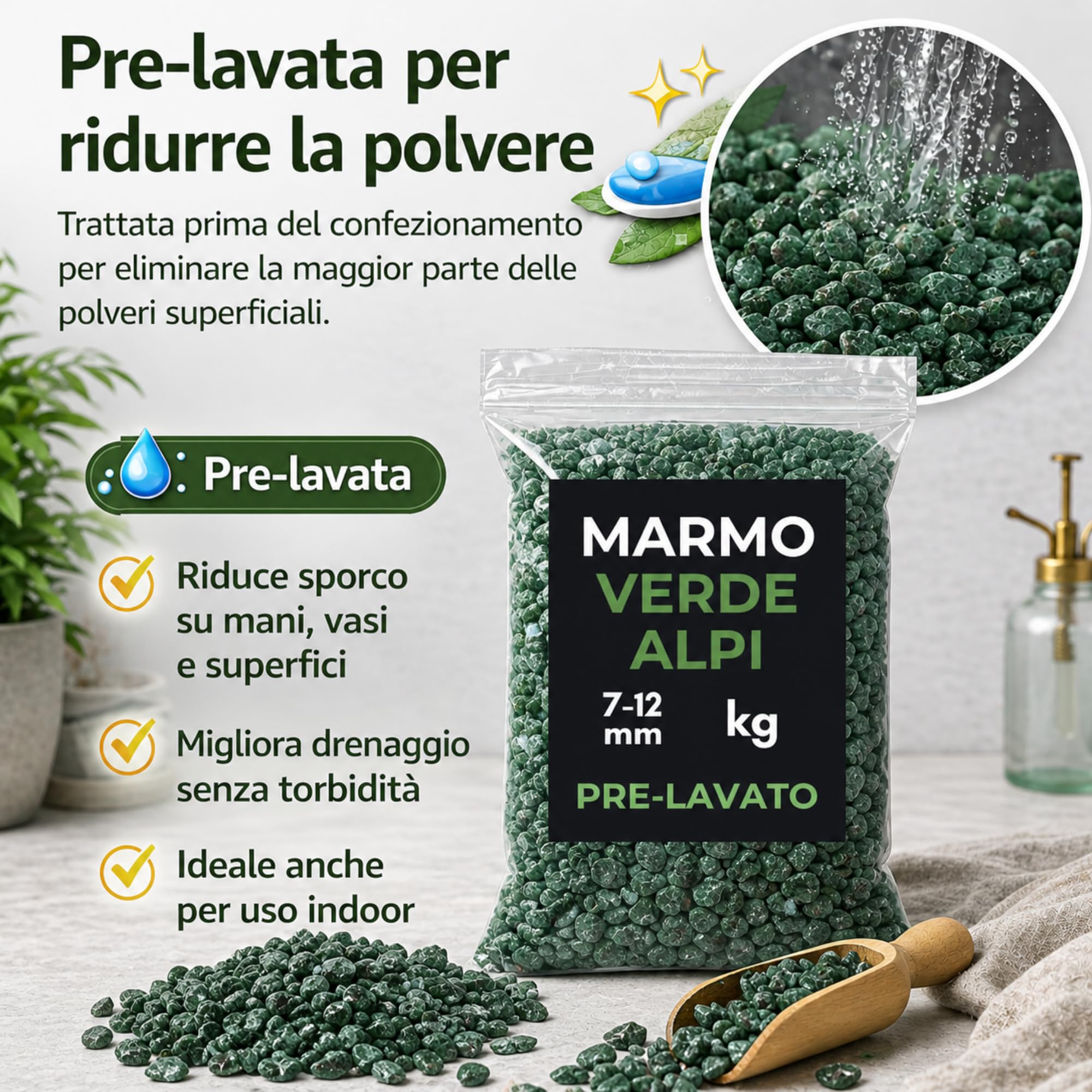 Clorophilla Marmo Verde Alpi Pre-Lavato 7-12 mm – Graniglia Decorativa Naturale per Vasi, Aiuole e Giardini – Pietre Decorative Verdi per Interni ed Esterni (1,5 KG)