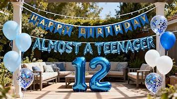12th Birthday Decorations Blue for Boys Girls,Almost a teenager Balloons 12th Birthday Banner 12 Foil Balloons for Official Pre-teen12 Years Old Boys Girls Blue12th