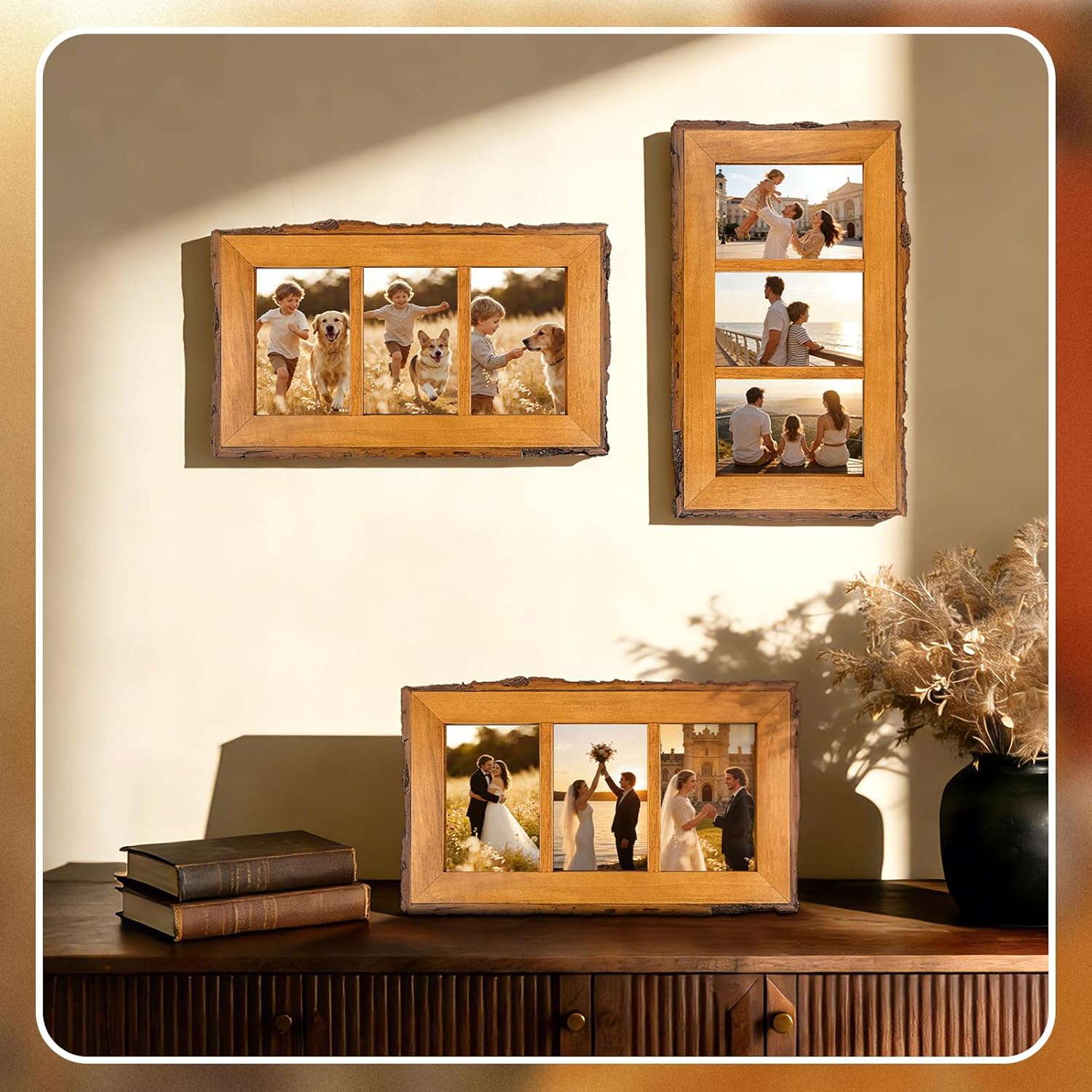 Golden State Art, 4x6 Collage Picture Frame - Solid Wood with Real Glass - Multi Picture Frame for (3) 4x6 Photos - Natural Bark Edges Design - Farmhouse Collage Wall Decor - Rustic Brown