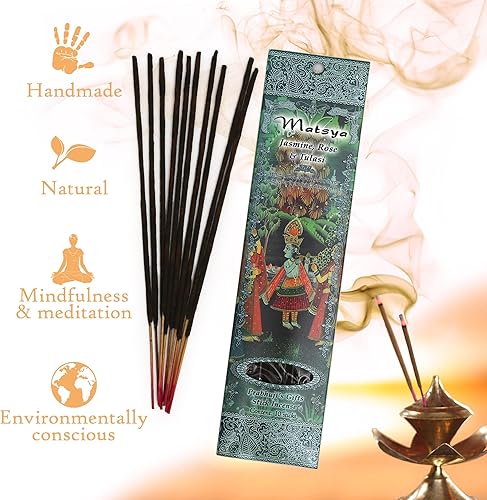 Miniatura 3 de Prabhuji's Gifts Matsya - Varitas de incienso espiritual enrolladas a mano de la India, palitos aromáticos, para meditación, yoga, relajación e