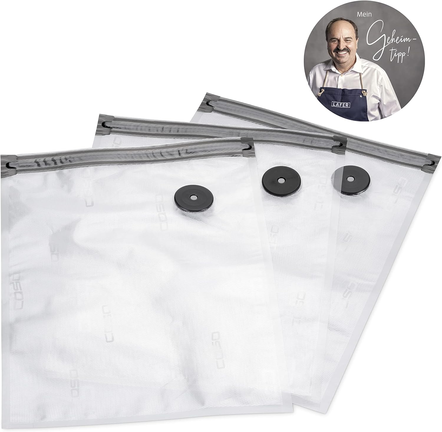 CASO Vacu ZIP-Bags 26 x 35 cm, 20 Bags, SousVide Suitable, BPA-Free, with 150 µm, Extra Strong, Tear-Resistant, Reusable, for Caso (Hand) Vacuum Sealer with Zip Adapter, Includes Food Manager Sticker