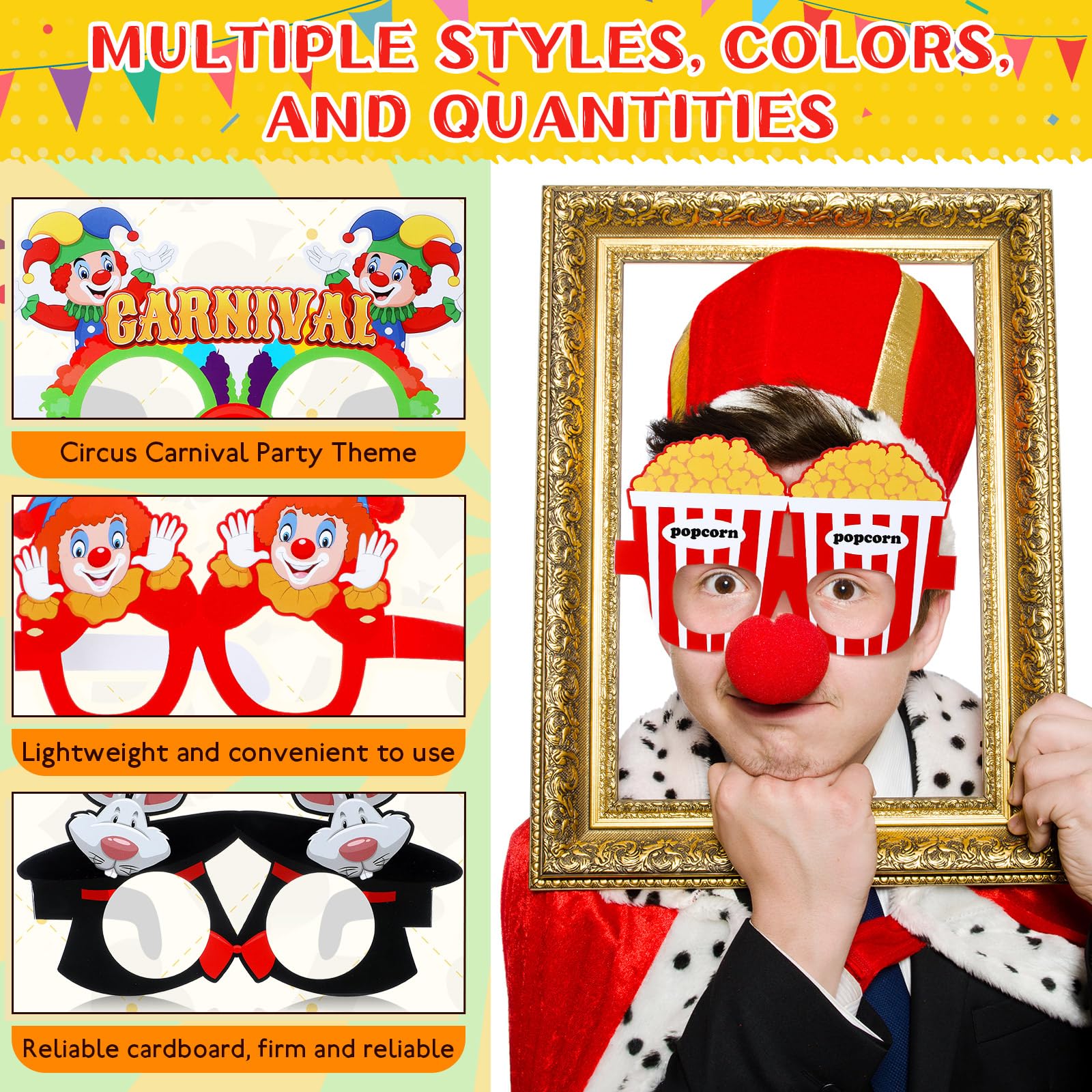 24 gafas de papel para carnaval de circo, para fiestas temáticas de circo, anteojos de papel, circo, carnaval, fiesta, fotomatón, kit de accesorios para decoración de carnaval para niños,