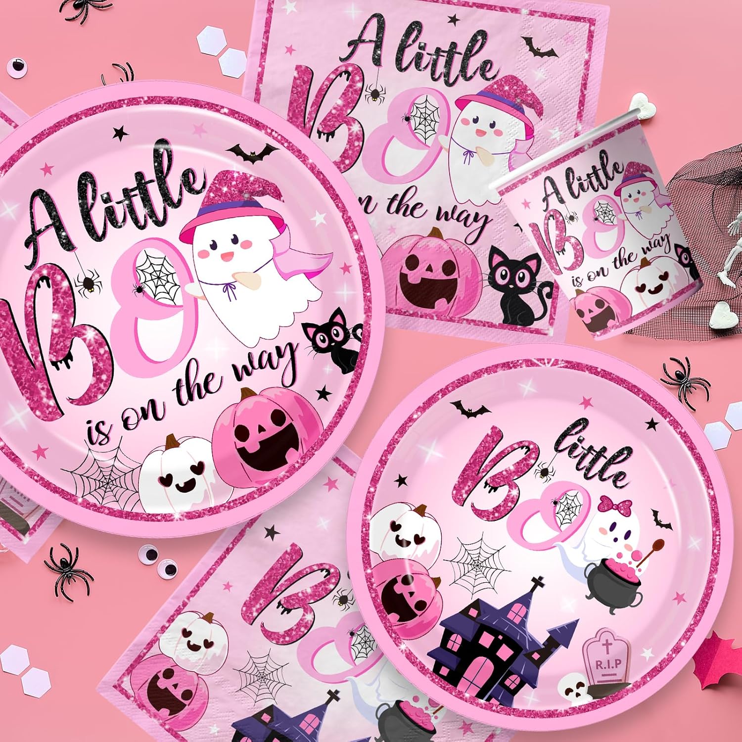 Pink Halloween Baby Shower Decorations Girl, All-in-1 A Little Boo is Almost Due Baby Shower Decorations with Balloon Arch Kit Baby Boxes Plates Napkins Cake Toppers Tablecloth Backdrop Spooky Decor