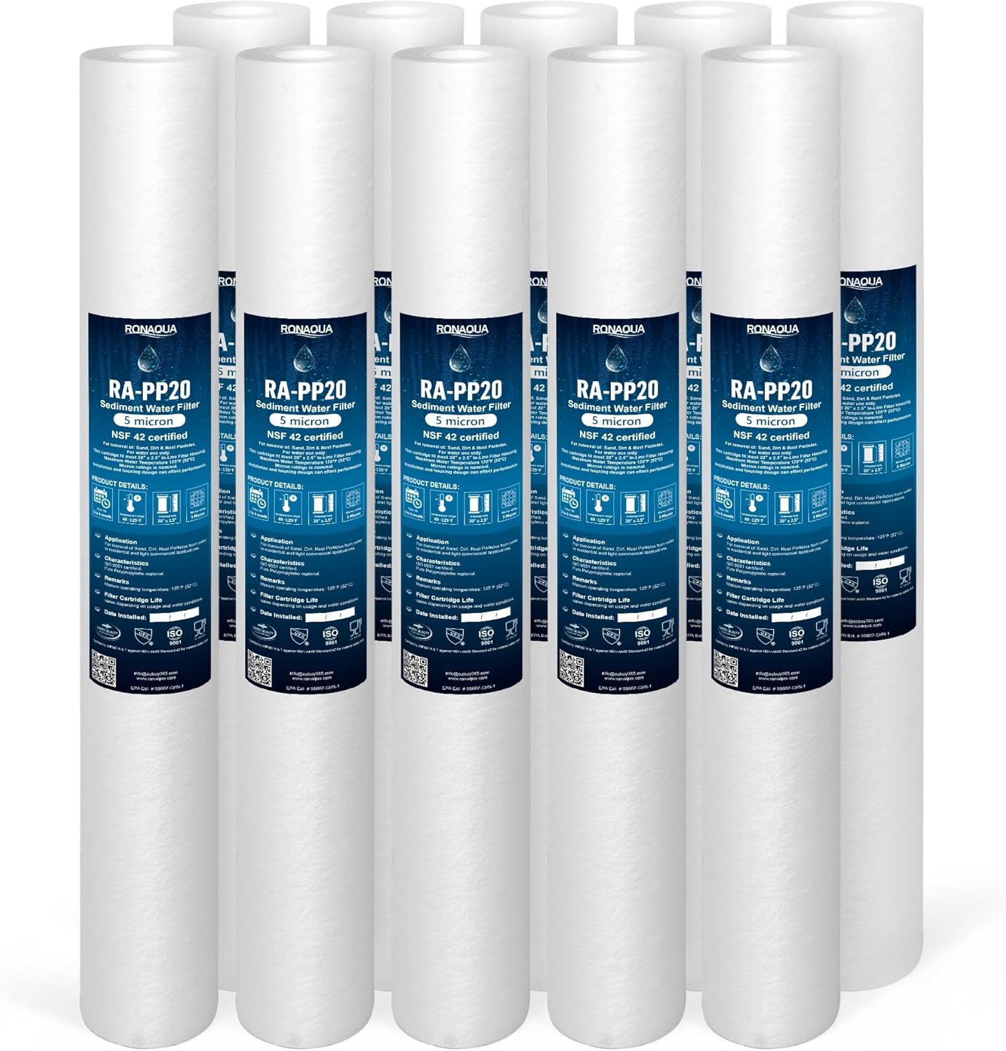 Ronaqua 5 Micron Standard 20" x 2.5" Sediment Water Filter Cartridge, NSF Certified, 4-Layer Filtration for 20” x 2.5” Whole House Systems, Compatible with FPMB5-20, SDC-25-2005/4, VX05-20, 10 Pack