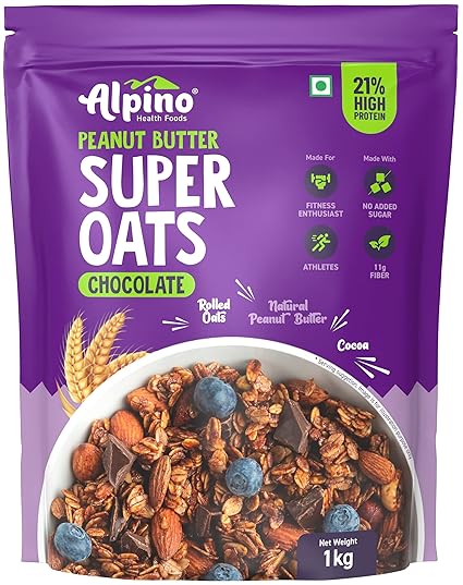 ALPINO High Protein Super Rolled Oats Chocolate 1kg - Rolled Oats, Natural Peanut Butter & Cocoa Powder � 21g Protein, No Added Sugar & Salt, non-GMO, Gluten-Free, Vegan � Peanut Butter & Cocoa Coated Oats