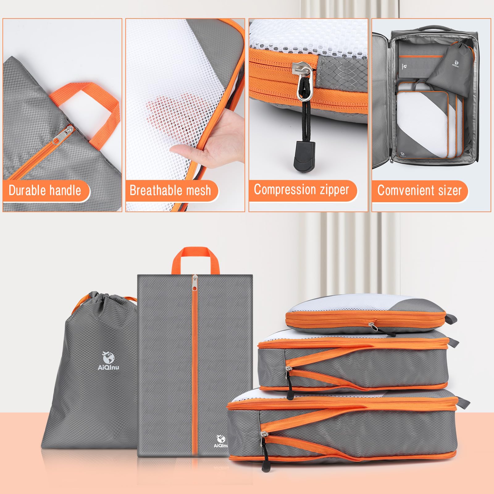 AiQInu Organizer Valigia 5 Pezzi Set, Compressione Packing Cube Salvaspazio Espandibile Ultraleggero Viaggio Organizer per i Vestiti,Scarpe,Intimo Set da Viaggio per Zaini o Bagagli a Mano