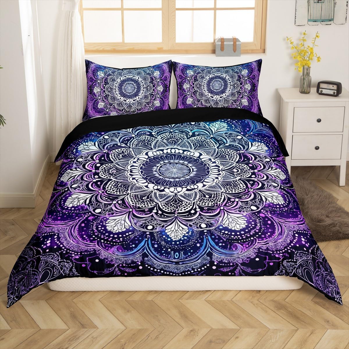 Erosebridal Mandala Bedding Set Full Size,Boho Floral White Duvet Cover, Gypsy Comforter Cover for Girls Women, Bedding, Modern Trippy Bedroom Decorative, Purple Blue