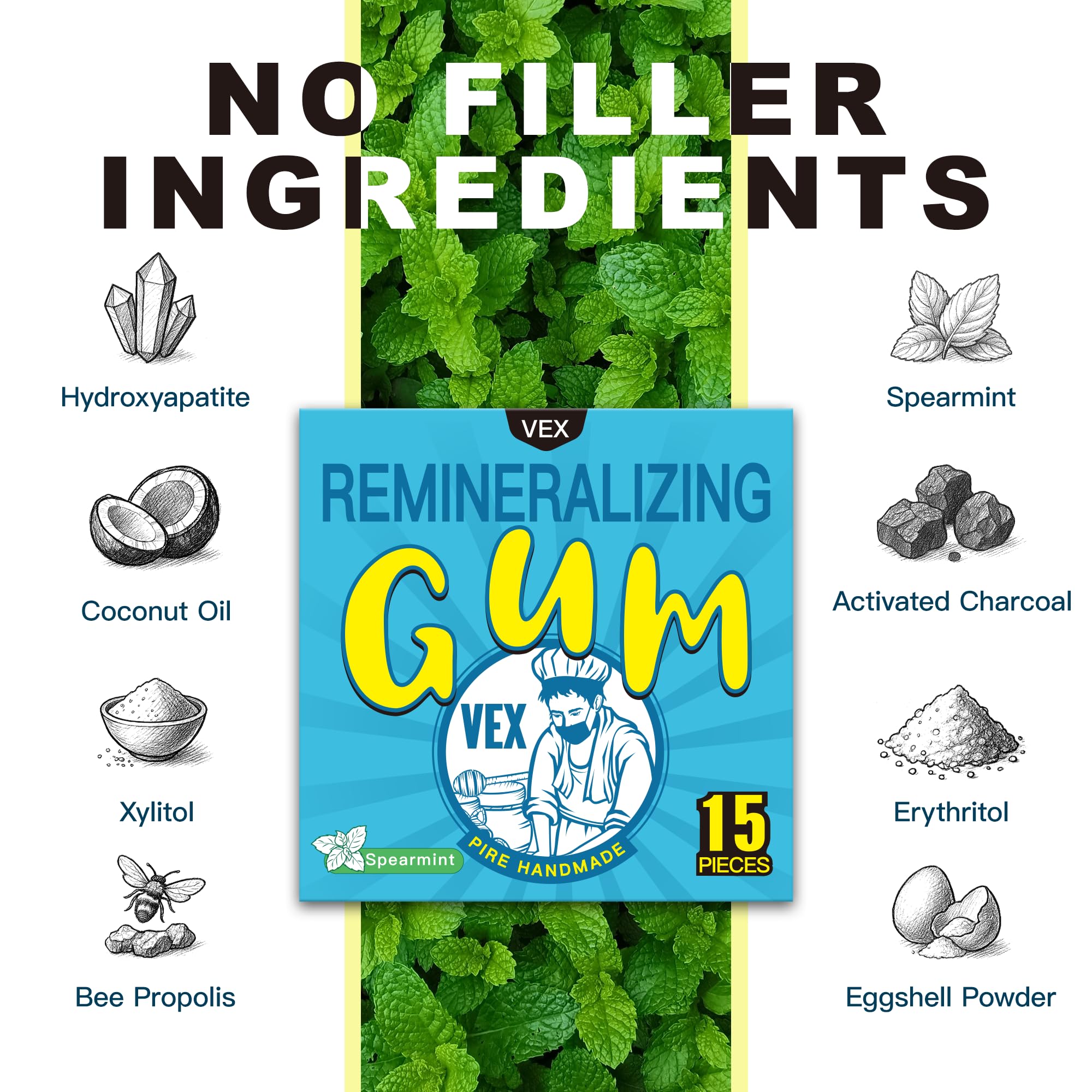 VEX Remineralizing Gum with Nano Hydroxyapatite Supports Fresh Breath and Oral Health, Xylitol Handmade Chewing Gum for Enamel Protection Sugar Free Aspartame Free Gluten Free (90, Mastic Mint)