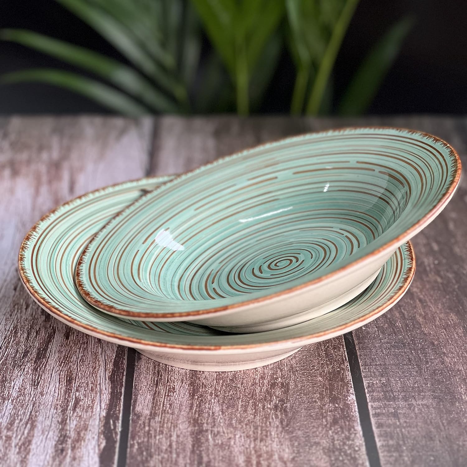 Nikaanch Creations Deep Starter Serving Plates, Pasta Soup Snack Salad Fruit Plates (Set of 2,Green,21.5 cm Diameter)