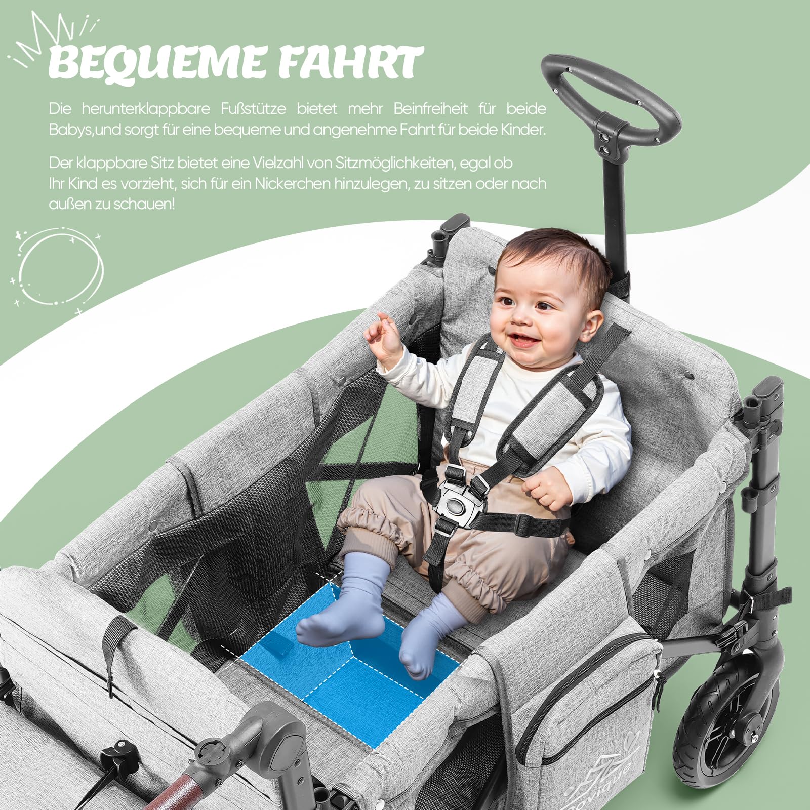 Carrello pieghevole con tetto, carrello di alta qualità per 2 bambini, passeggino doppio con tetto, vassoio snack, cintura a 5 punti, ruote in poliuretano per fuoristrada, carrello