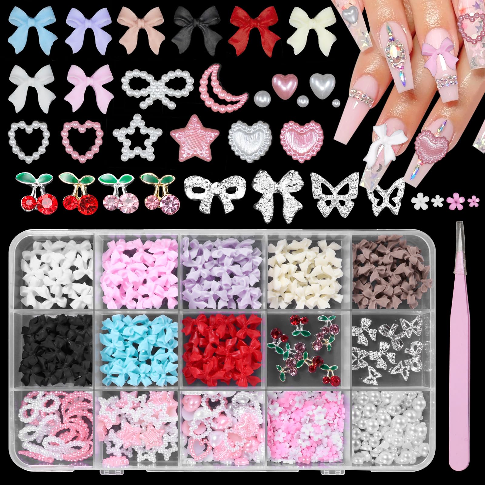 Bow Nail Charms and Gems, Color Acrylic Bows for Nails Silver Bows Cherry Nail Gems Charms, Bow Nail Charm Pearl Heart Star Nail Charms for Women DIY Crafts Accessories