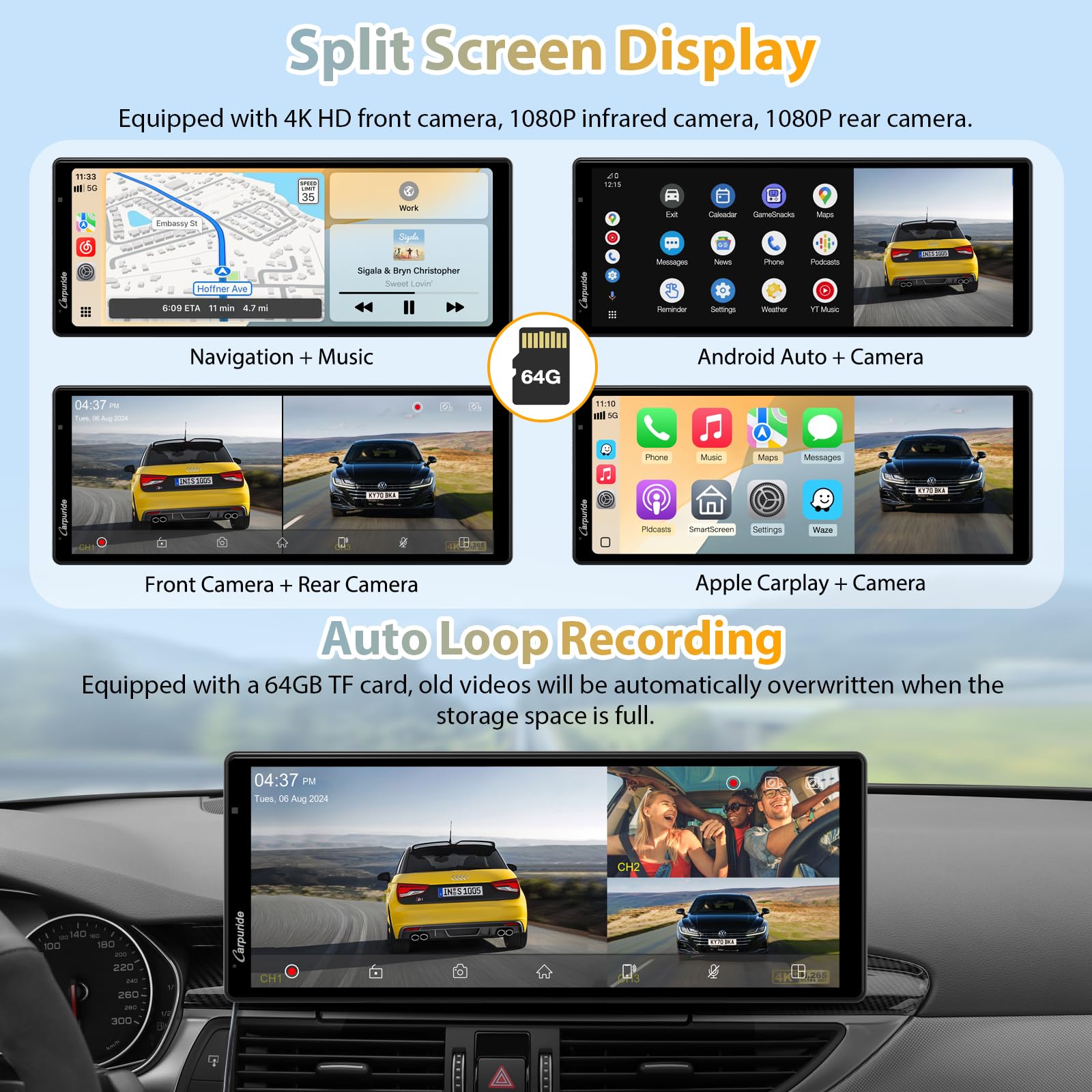 Carpuride W903S przenośny bezprzewodowy Carplay i Android Auto z ekranem IPS Dash Cam-HD, przednia kamera 4K + tylna 1080P + kamera na podczerwień 1080P, nagrywanie w pętli, Bluetooth, GPS