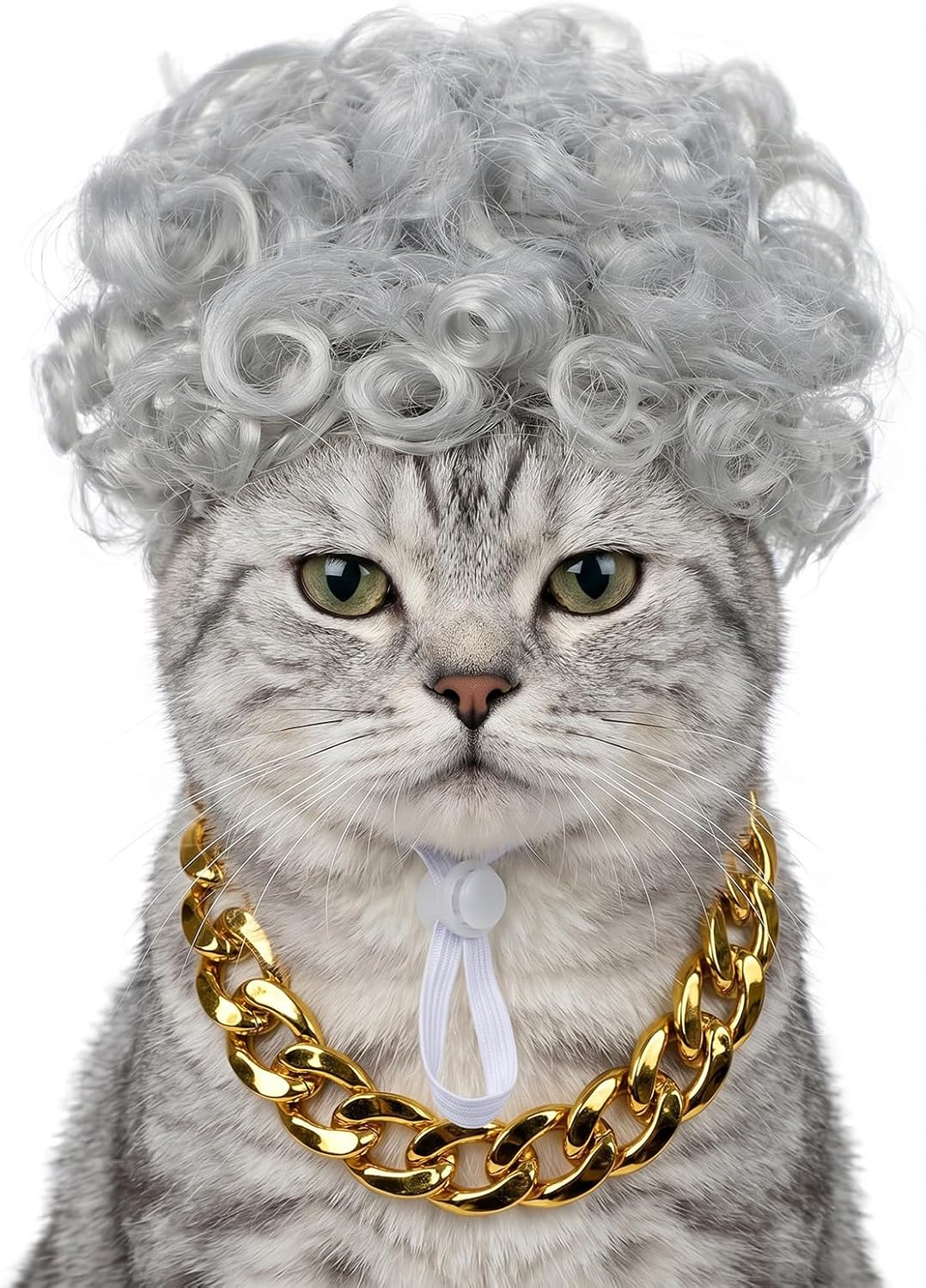 Halloween Funny Pet Afro Wig with Gold Chunky Chain for Small Dogs & Cats