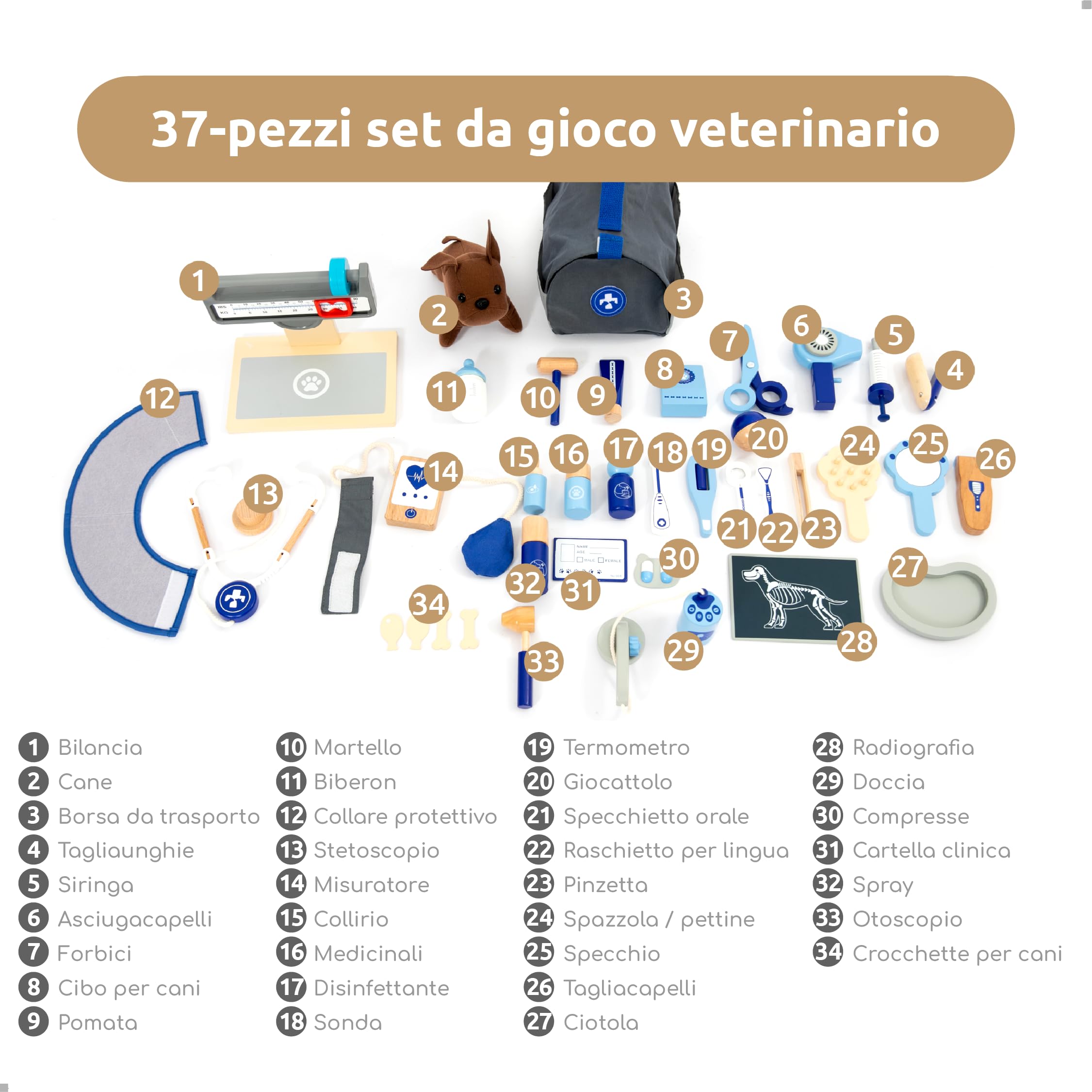 UMU® Veterinario,Set da gioco per bambini in legno con stetoscopio, sfigmomanometro per cani e altro ancora, giocattolo veterinario per gioco di ruolo, set da 37 pezzi, 4, 5 anni