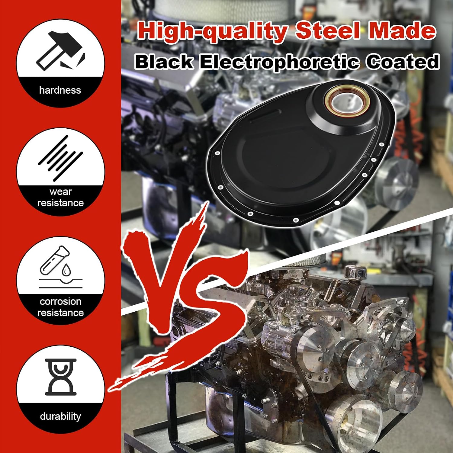 Timing Chain Cover Kit with Gasket and Bolts Compatible with SBC 283 327 350 383 400 V8, Electrophoretic Coated Steel