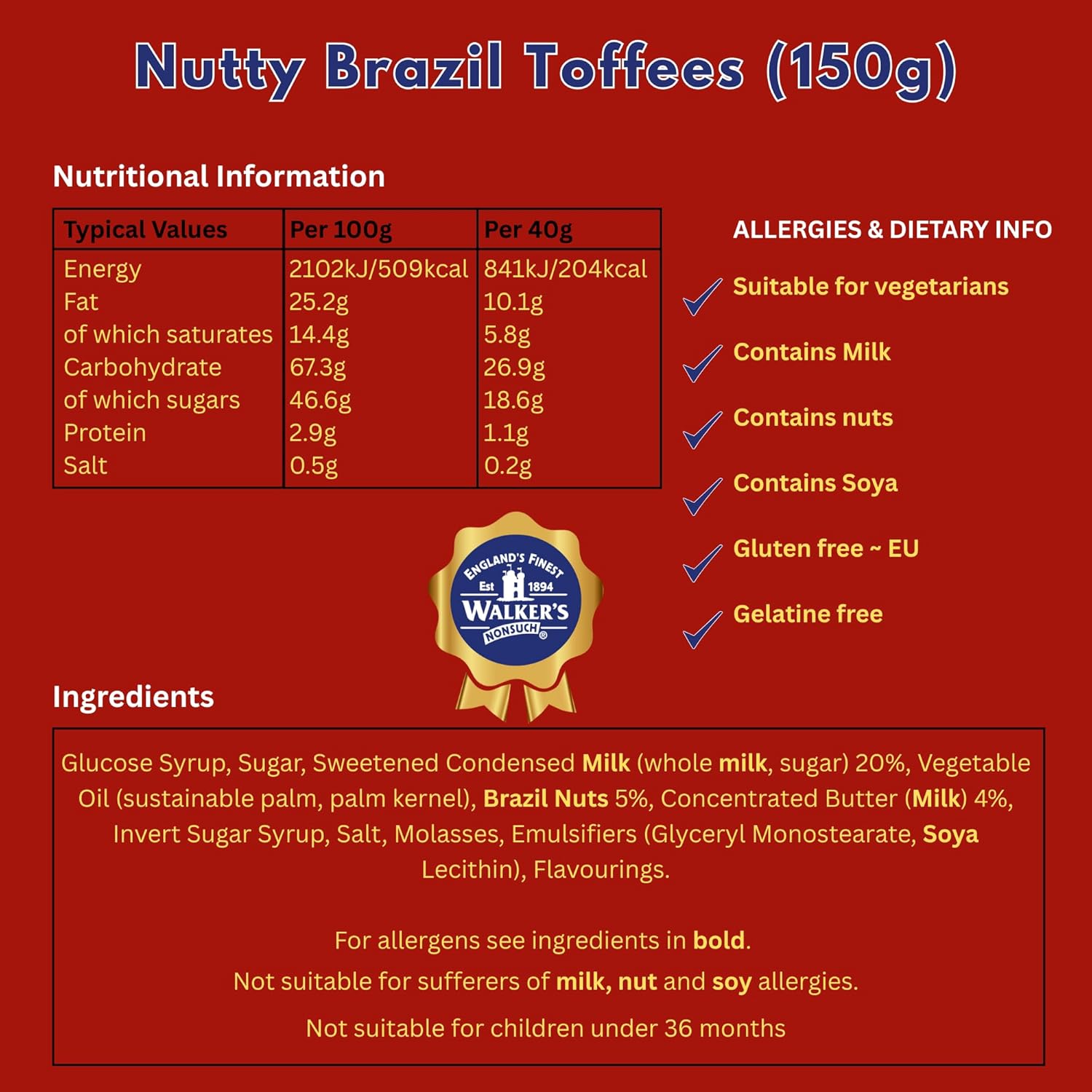 Walkers Nonsuch Nutty Brazil Toffees Bag 5.29 Oz (Pack of 12) – British Candy with Brazil Nuts, Individually Wrapped Butter Toffee Candy, English Toffee Sweets & Gourmet Food Gifts from UK