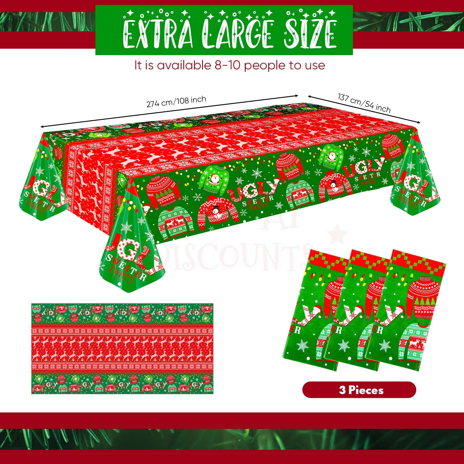 Christmas Ugly Sweater Tablecloths (3 Pack) – 105x54 Inch Tacky Sweater Plastic Table Covers For Holiday Parties - View #3