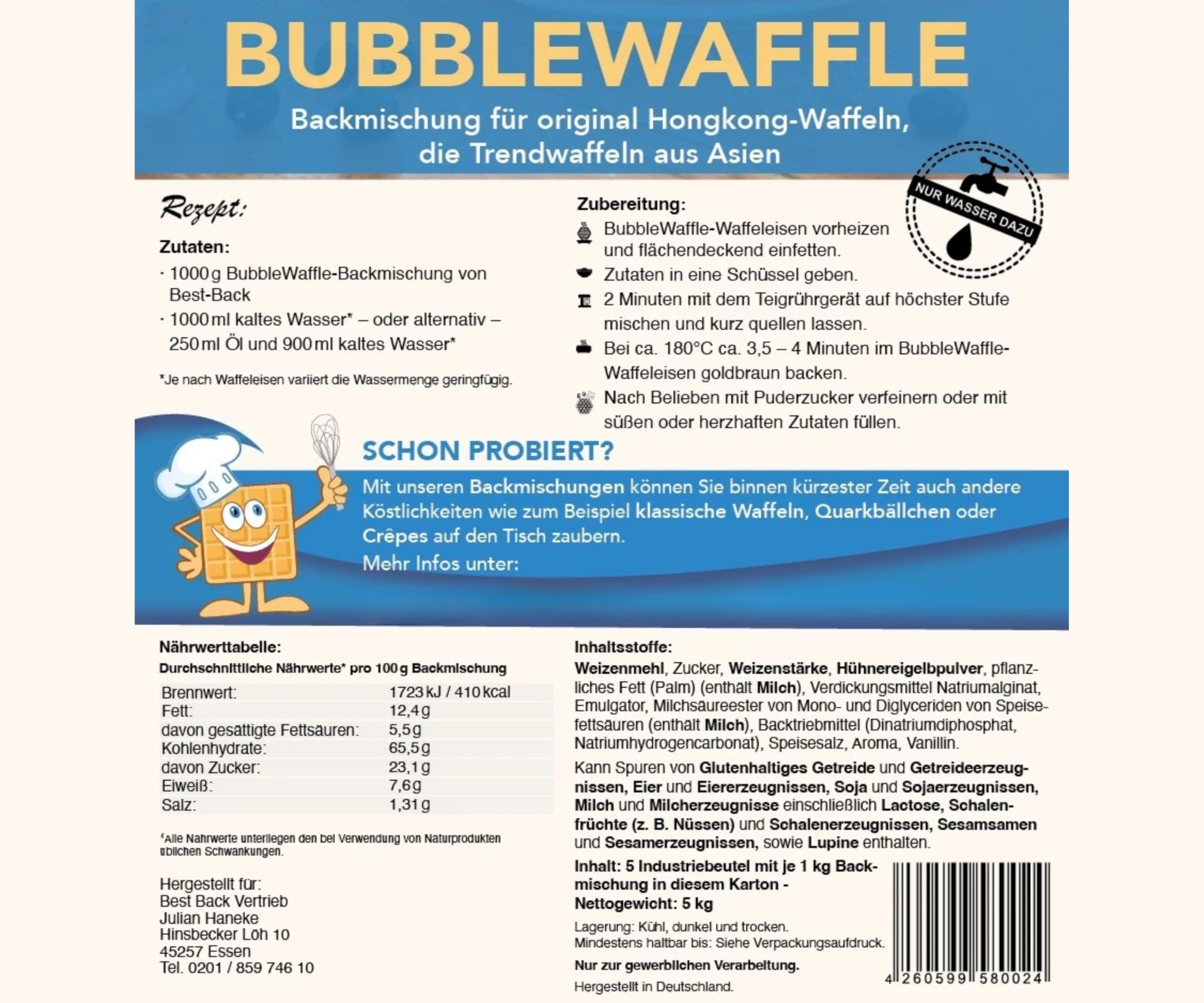 BEST BACK Bubble Waffel Backmischung 5 kg, 5er Pack (1kg)