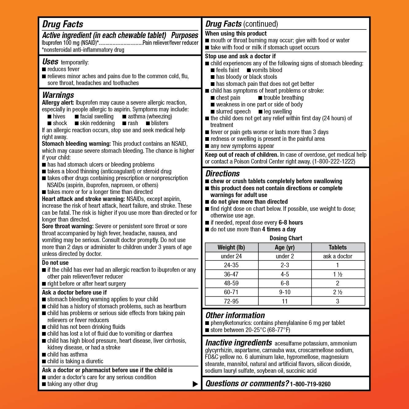 Amazon Basic Care Children's Ibuprofen Chewable Tablets, 100 mg, Pain Reliever and Fever Reducer, Orange Flavor, For Aches, Pains, Sore Throat, Toothache and Headache Relief, 24 Count