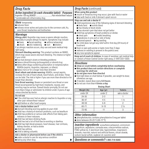 Vista 5 de Yaxa Basic Care Tabletas masticables de ibuprofeno para niños, 100 mg, analgésico y reductor de fiebre, sabor naranja, para dolores, dolor