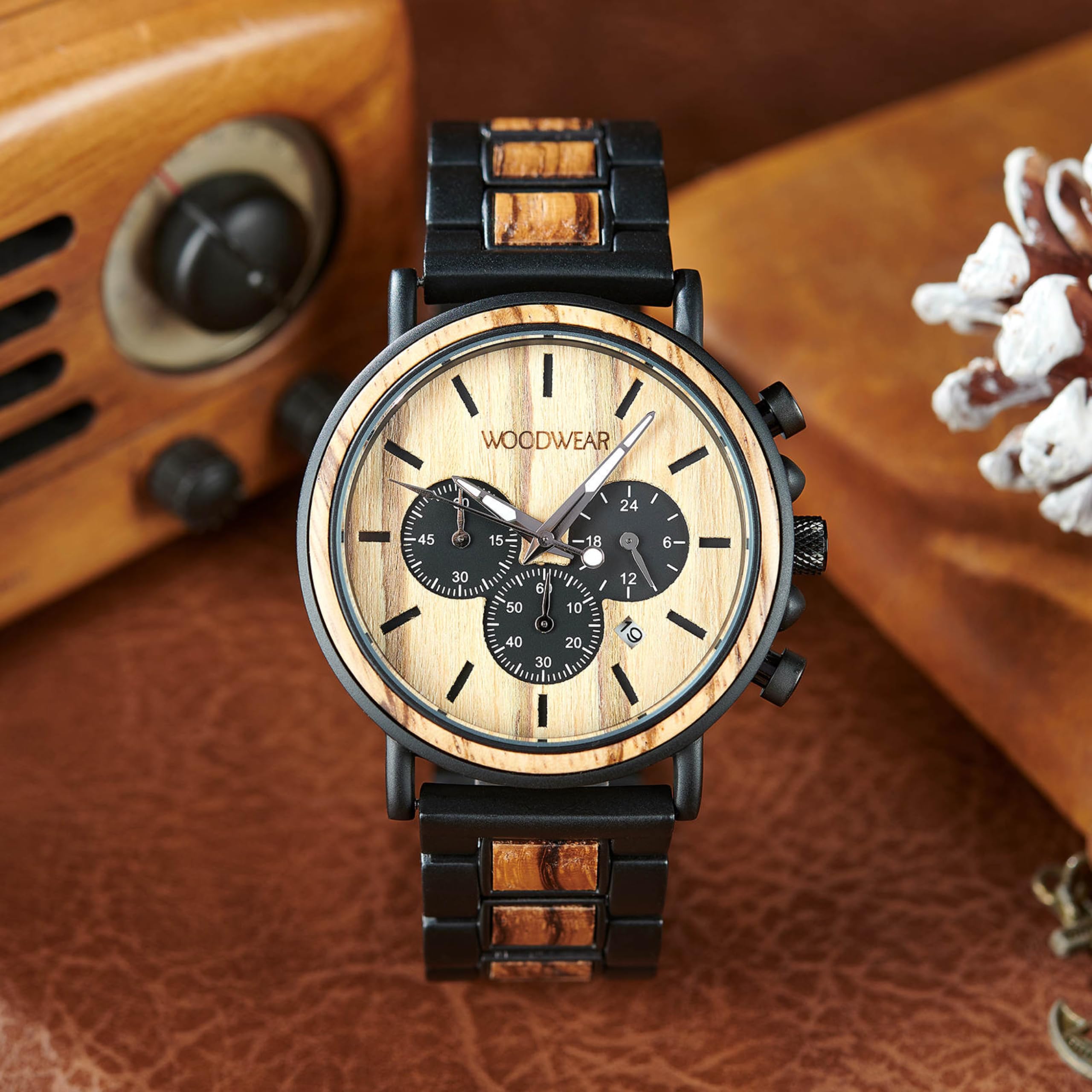 woodwear Cronografo da uomo "Zeitgeist" – Orologio da polso in legno e acciaio inox, design sostenibile, movimento al quarzo giapponese, cinturino in legno, elegante orologio da uomo, fatto a mano
