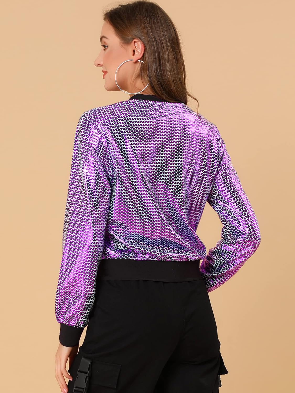 Allegra K Women's Halloween Jacket Sparkly Crew Neck Long Sleeve Holographic Lightweight 90S Shiny Metallic Bomber Jackets - Image 5