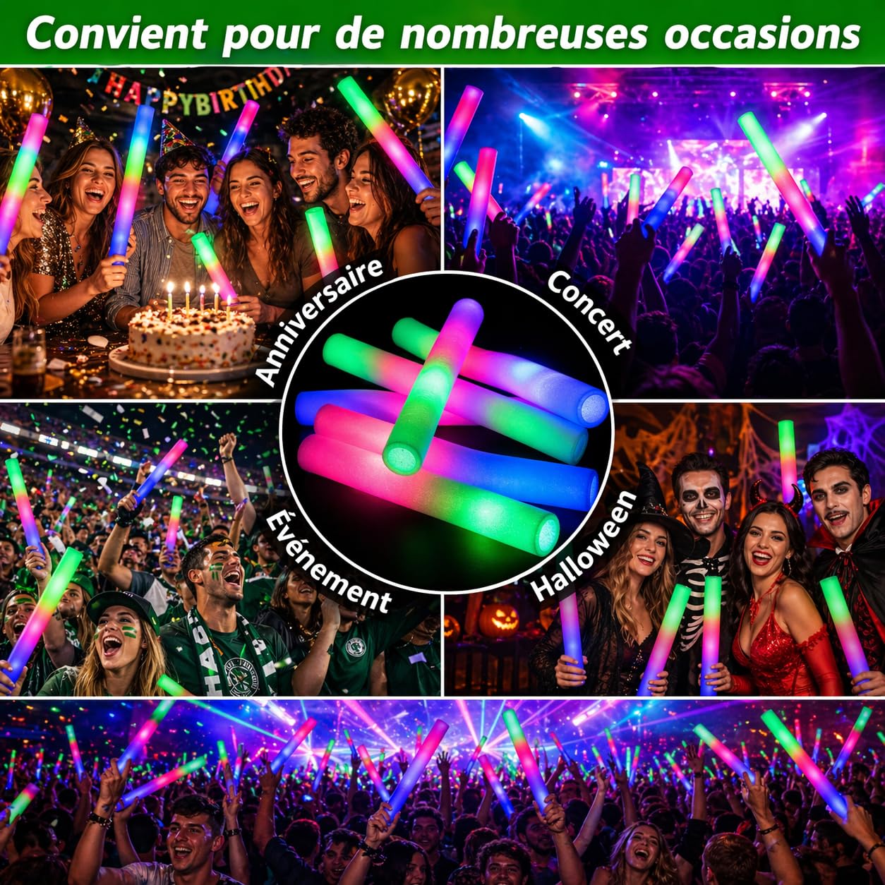 zenda club® Set di 50 bastoncini luminosi a LED, 48 cm, colore: blu, in schiuma, 3 modalità (lampeggiamento veloce, lento, alternativo), ideale per feste, concerti, festival, compleanni