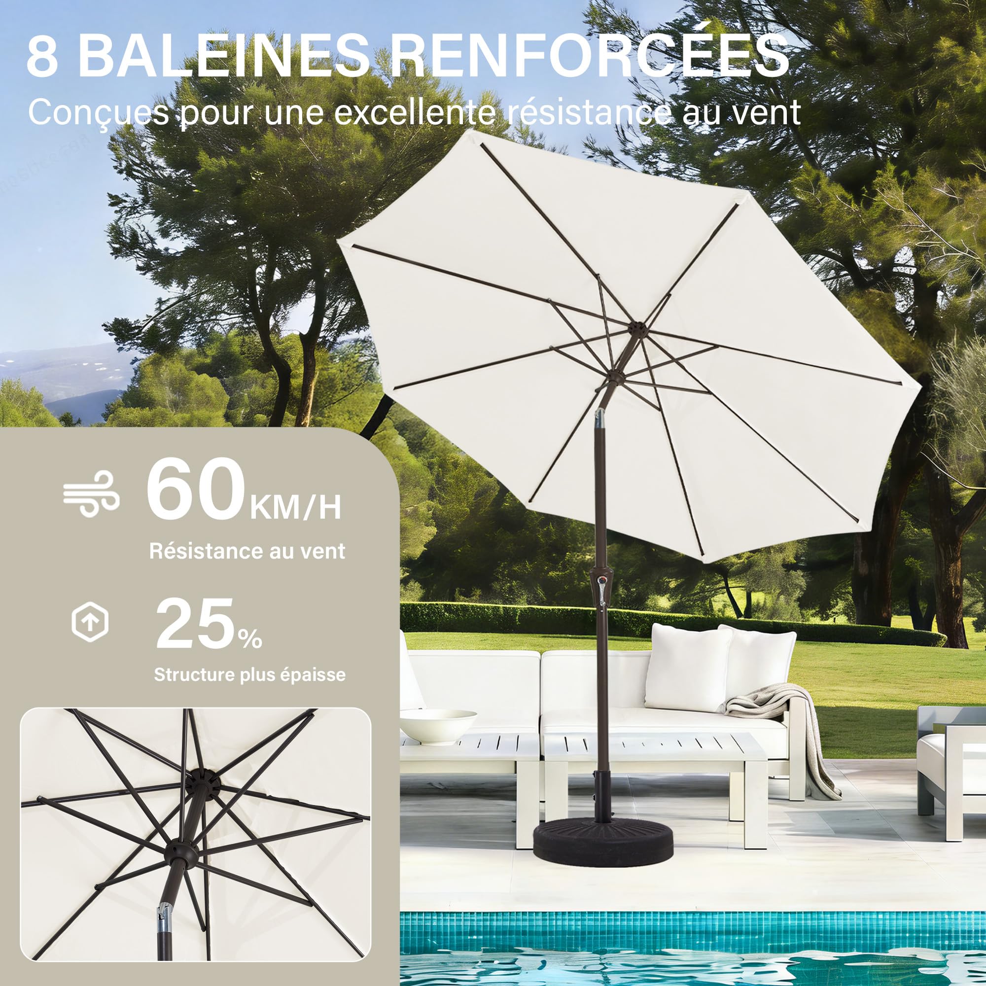 Palawano 2.7M Parasol de Jardin Exterieur Anti UV et Vent, Parasol Terrasse Balcon avec Manivelle pour Café, Jardin, Piscine et Arrière-Cour (Blanc Crème)