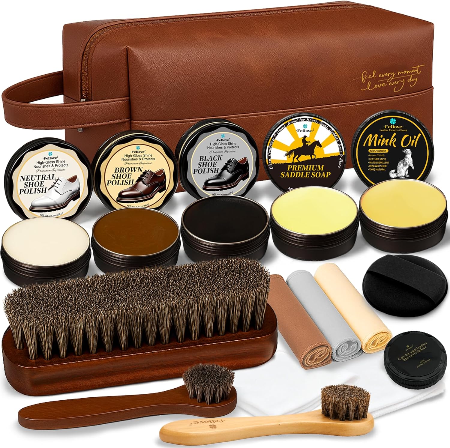 Shoe Care Kit – 16-in-1 Leather Shoe Polish, Cleaning & Conditioning Kit with Saddle Soap & Mink Oil – Black/Brown/Neutral Shoe Polish, 3 Horsehair Brushes – Luxury Leather Bag – Gift for Men & Women