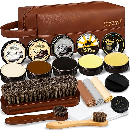 16-in-1 Shoe Polish Kit – Black/Brown/Neutral Shoe Wax, Saddle Soap & Mink Oil (5×2.1oz) – 3 Horsehair Brushes – Leather Shoe Shine & Care Kit in Luxury Leather Bag – Gift for Men & Women