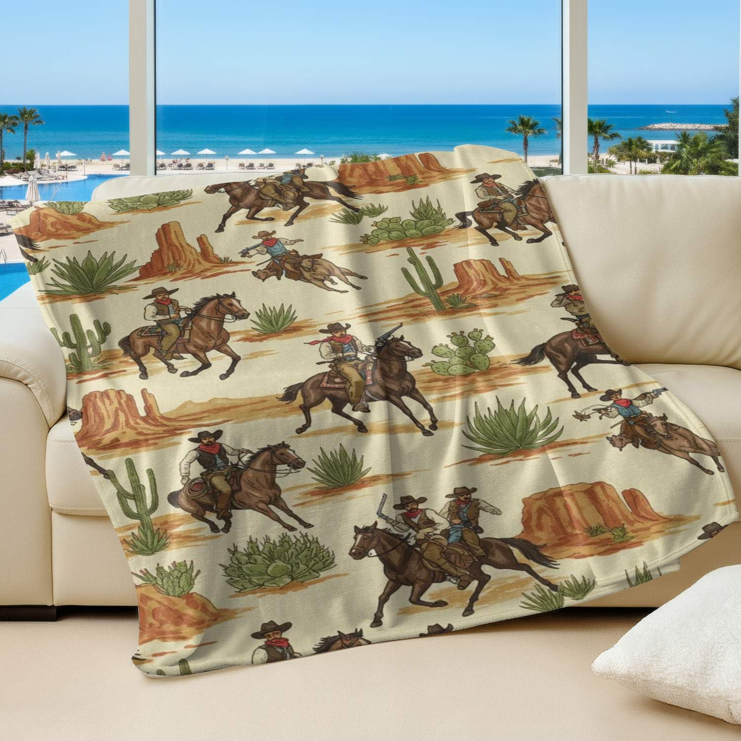 Couverture en flanelle au toucher cachemire avec imprimé cowboy occidental haut de gamme 04