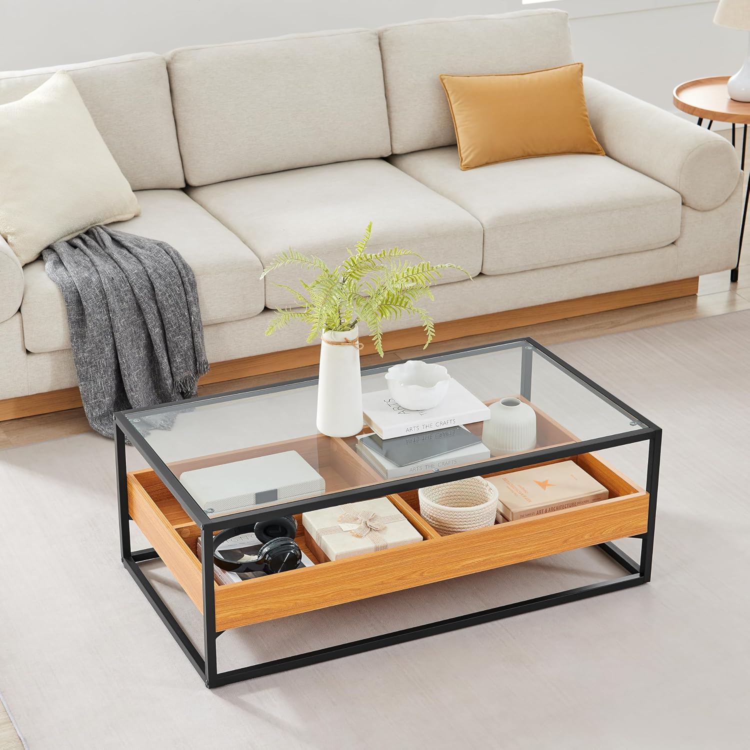 Danya B. Saarinen Two-Level Modern Sunken Glass Display Shelf Rectangle Console Table or Coffee Table - Golden Oak (Coffee Table)