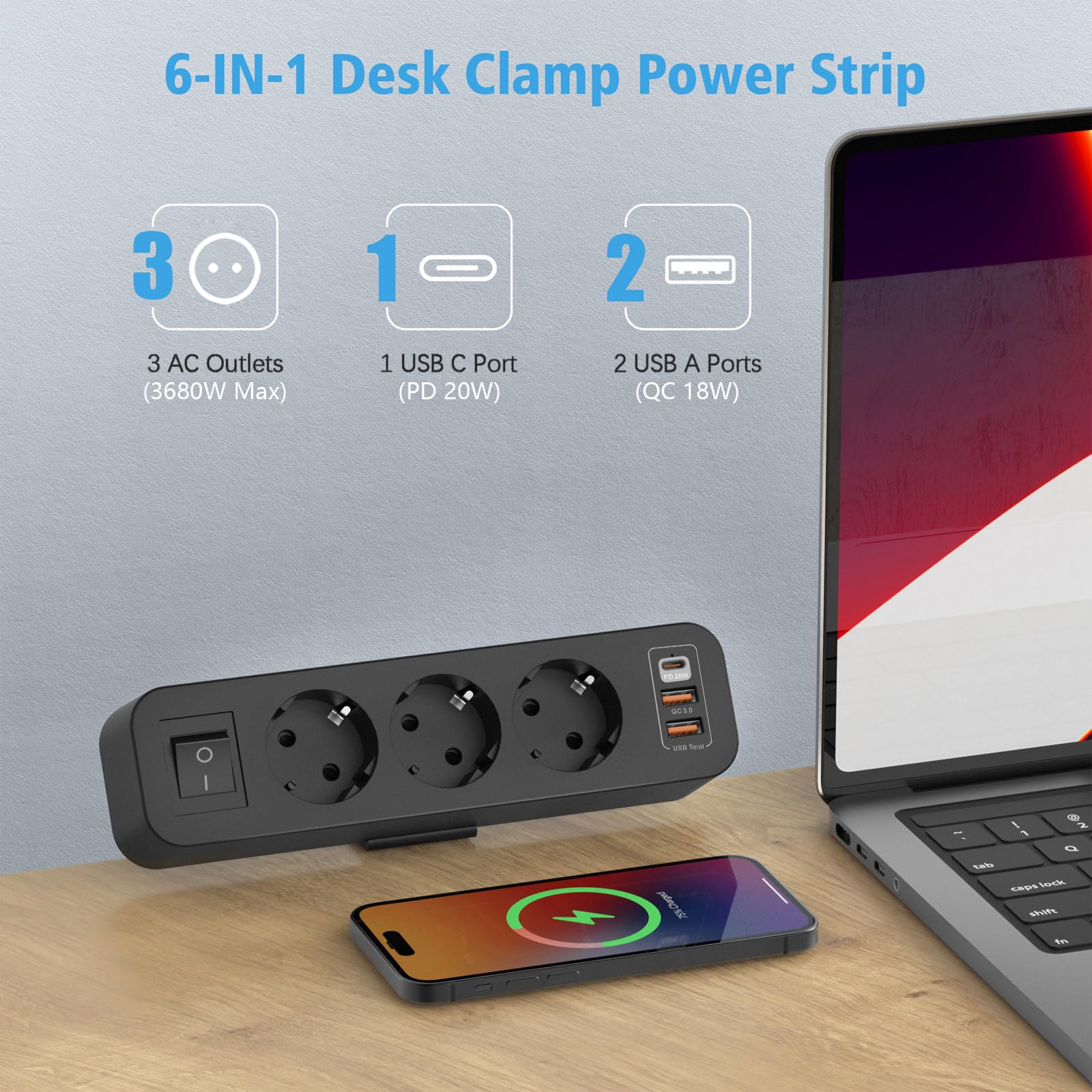 Prise de Table avec USB C, Prise Multiple 3 USB à 3 Voies avec Interrupteur, Multiprise de Bureau avec Câble 2M pour Bureau à Domicile. Noir (Lot de 6)