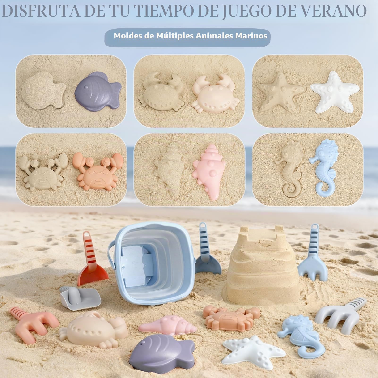 Dreamon Juguetes de Playa para Niños Bebe, 18 Piezas Juguetes de Arena con Cubo Playa Plegable Palas Rastrillo Moldes de Arena, Juguete Playa para Niños Niñas 3 4 5 (Azul, Naranja, Gris)