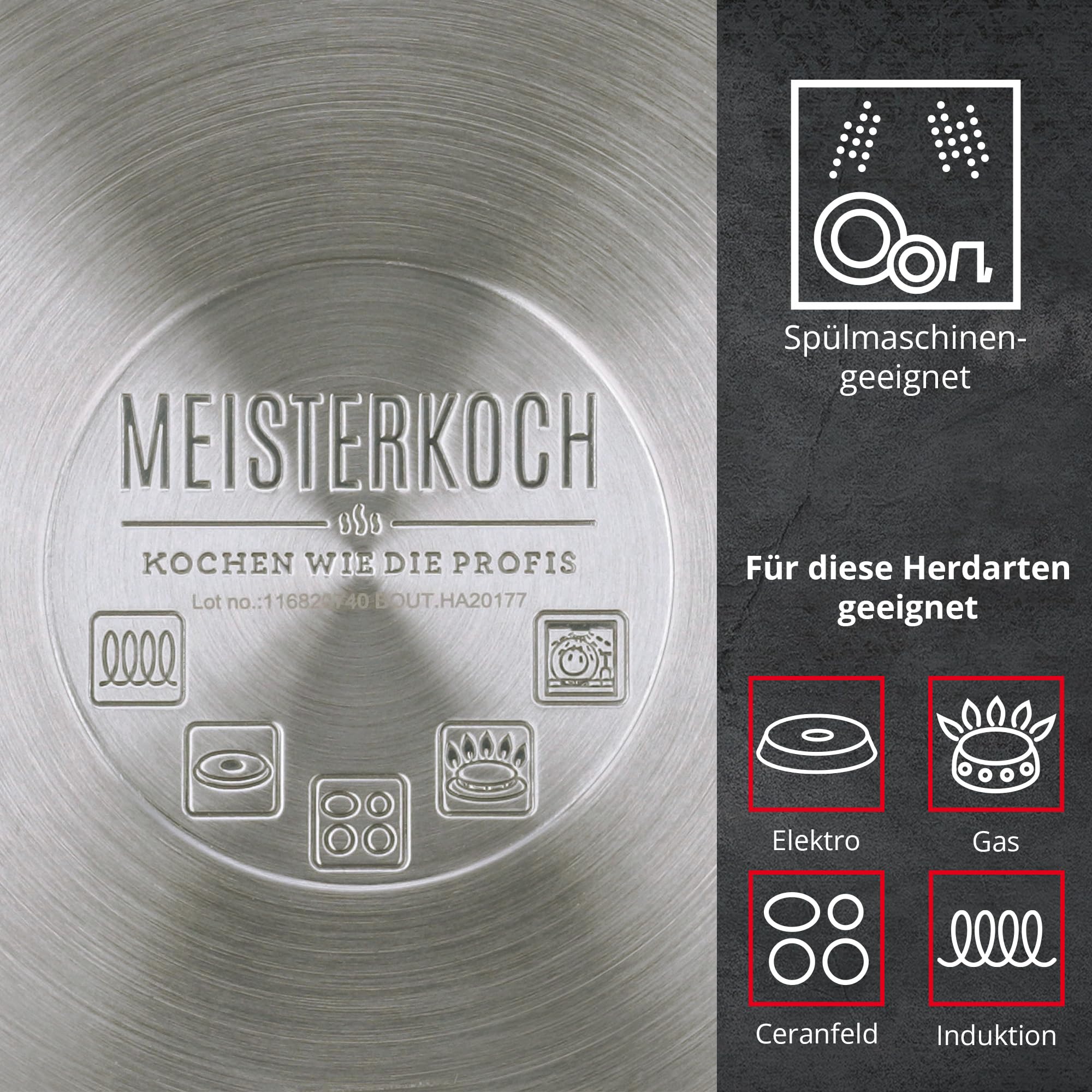 Meisterkoch Topfset Induktion Edelstahl Kochtopfset 3-teilig, Silikonring mit Sieb im Glasdeckel, Hitzeisolierende Griffe, Innenskala, spülmaschinengeeignet, für alle Herdarten