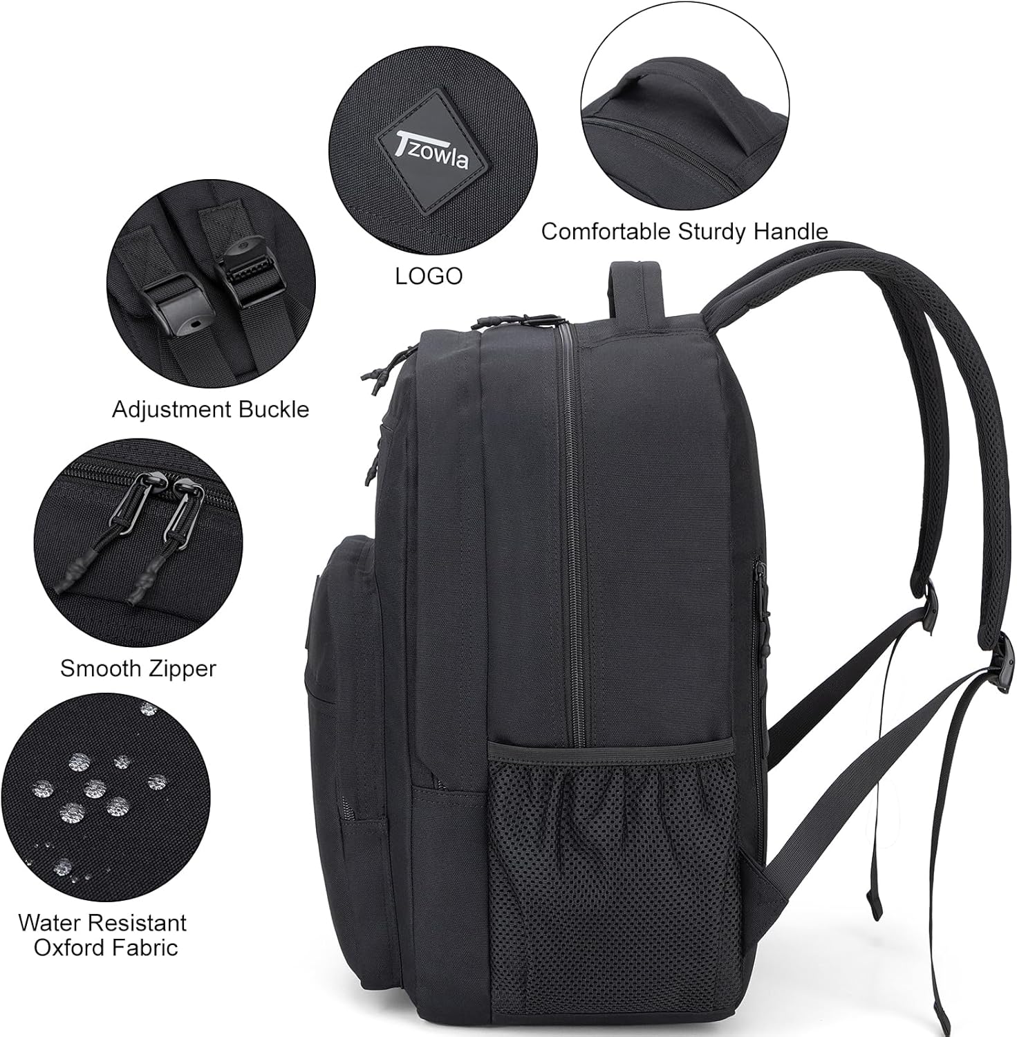 Tzowla School Backpack for Teen Girs and Boys,15.6 Inch Laptop Bookbag for 14-18 Teenage,Lightweight Students Backpacks for College/Campus/High Shool,Water Resistant Casual Daypack(Black) - Image 4